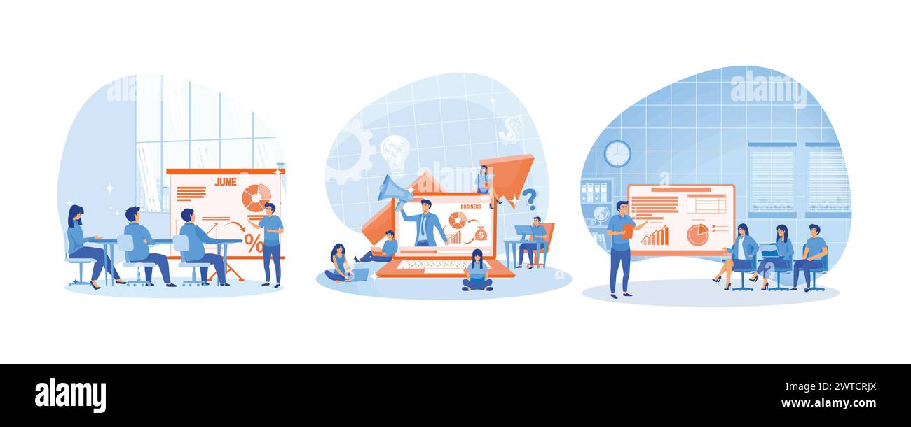 Formation commerciale et coaching. Des jeunes assis sur un grand ordinateur portable et assistant à une conférence publique. Séminaire d'affaires homme orateur faisant presentatio Illustration de Vecteur