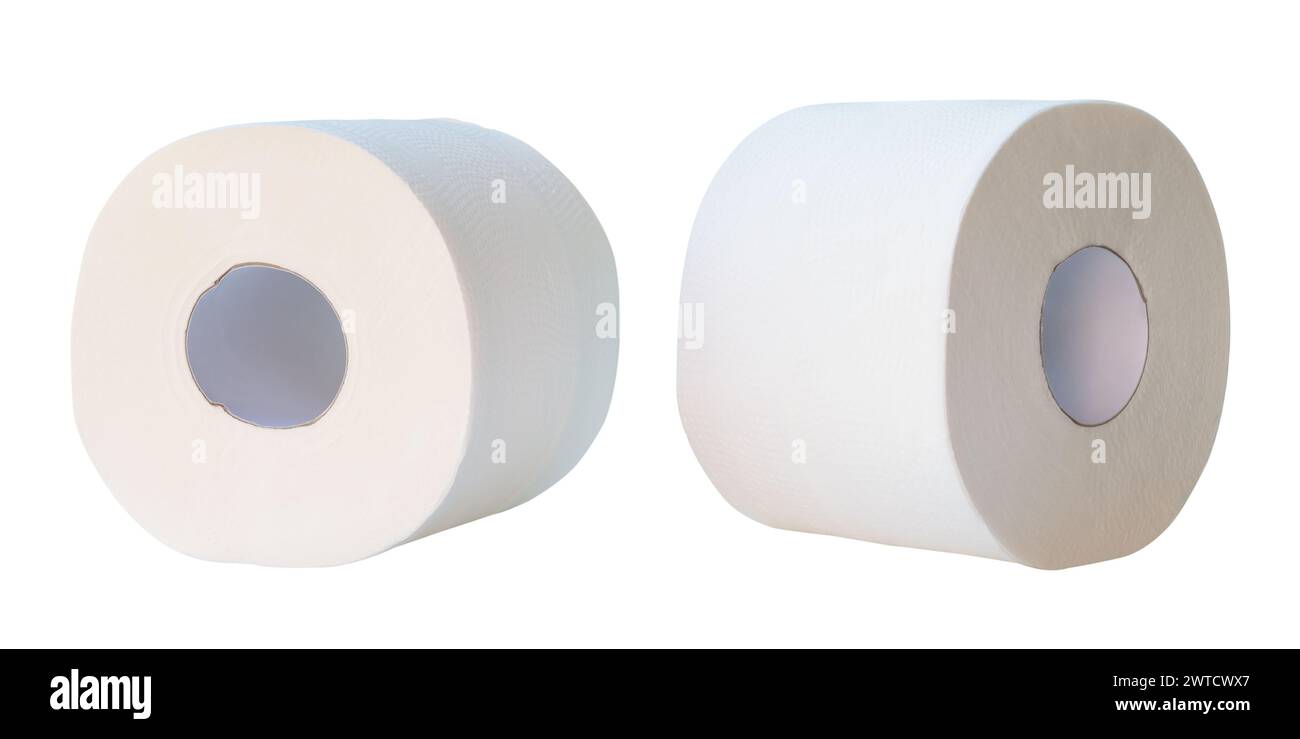 Vue avant ou vue latérale ensemble de papier de soie ou rouleaux de papier toilette est isolé sur fond blanc avec chemin de découpage. Banque D'Images