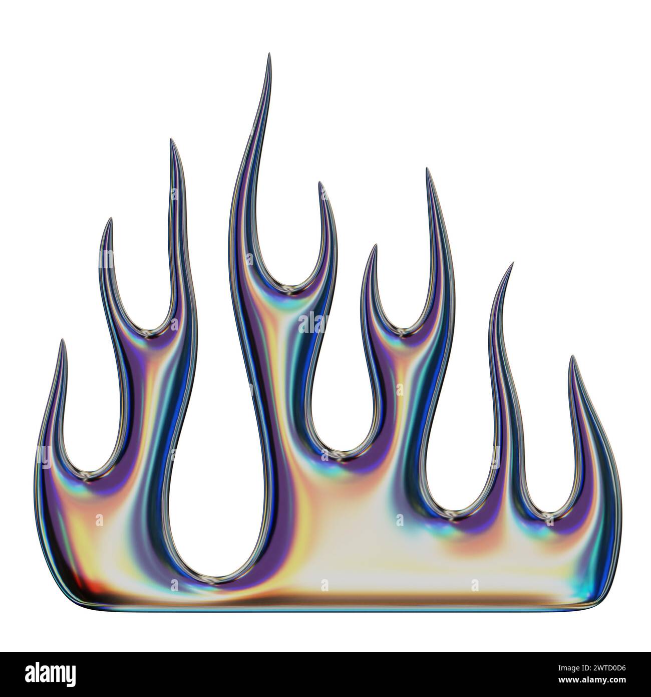 Flamme 3D. Élément tendance de l'an 2000. Forme de feu brûlant coloré irisé avec effet dégradé brillant. Rendu 3D. Illustration isolée. Banque D'Images