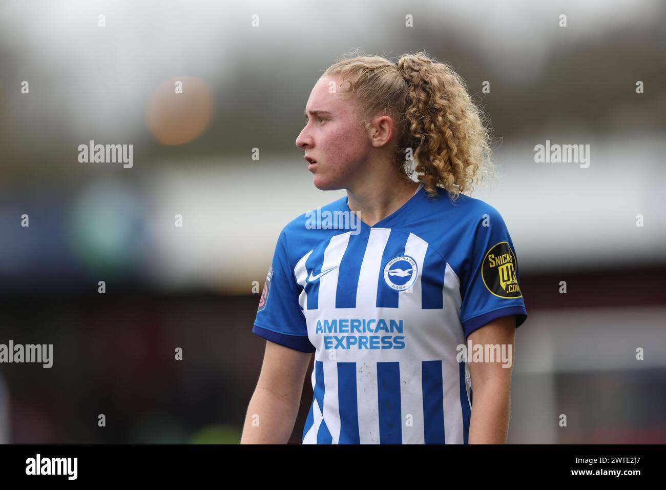 Crawley, Royaume-Uni. 17 mars 2024. Brighton's Katie Robinson lors du match de Super League féminine de Barclays entre Brighton & Hove Albion et Manchester City au Broadfield Stadium de Crawley. Crédit : James Boardman/Alamy Live News Banque D'Images