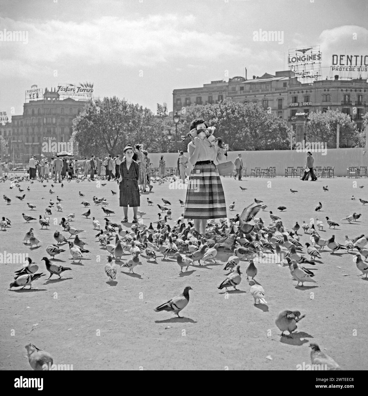 Une femme nourrissant les pigeons à Plaça Catalunya, Barcelone, Espagne en 1955. Le risque de maladies portées par les pigeons est rare, cependant, la femme ne s'aide pas elle-même en permettant aux oiseaux de recueillir de la nourriture de sa bouche! Un garçon regarde – étrangement vêtu de ce qui semble être une robe de chambre. Plaça de Catalunya (place de Catalogne ou Plaza de Cataluña) est une grande place du centre de Barcelone. Il est connu pour ses fontaines et statues et les troupeaux de pigeons qui s’y rassemblent – une photographie vintage des années 1950. Banque D'Images