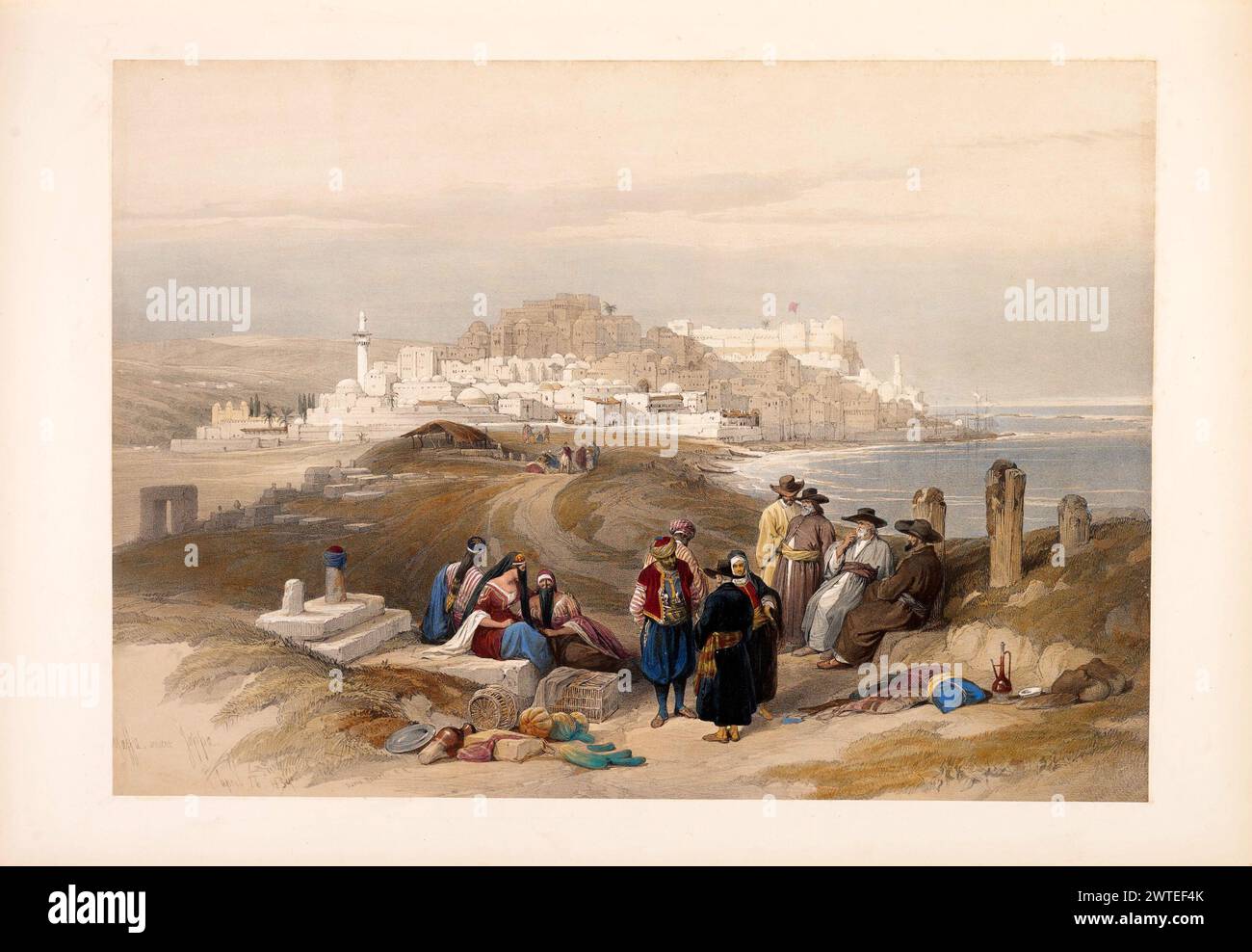 Groupe d'habitants, avec le chemin menant à l'ancienne ville de Jaffa, lithographie vintage. Images de l'artiste écossais David Roberts, vers 1850 Banque D'Images