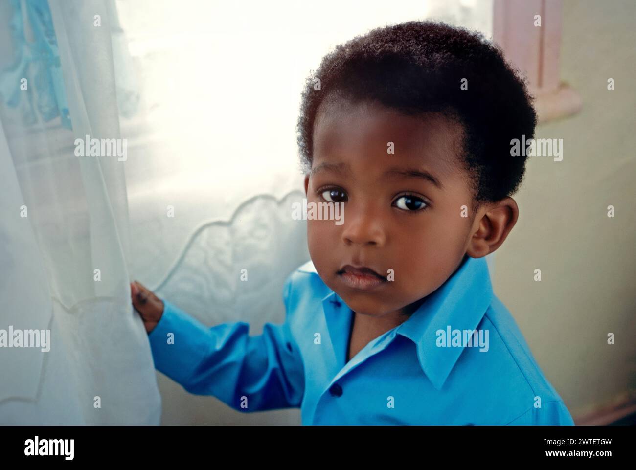 Bébé de 4 ans noir afro-américain garçon par fenêtre à la maison semble solennel et pensif, mais très mignon beau et attrayant, regardant la caméra, éclairé seulement par la lumière naturelle de la fenêtre. Banque D'Images