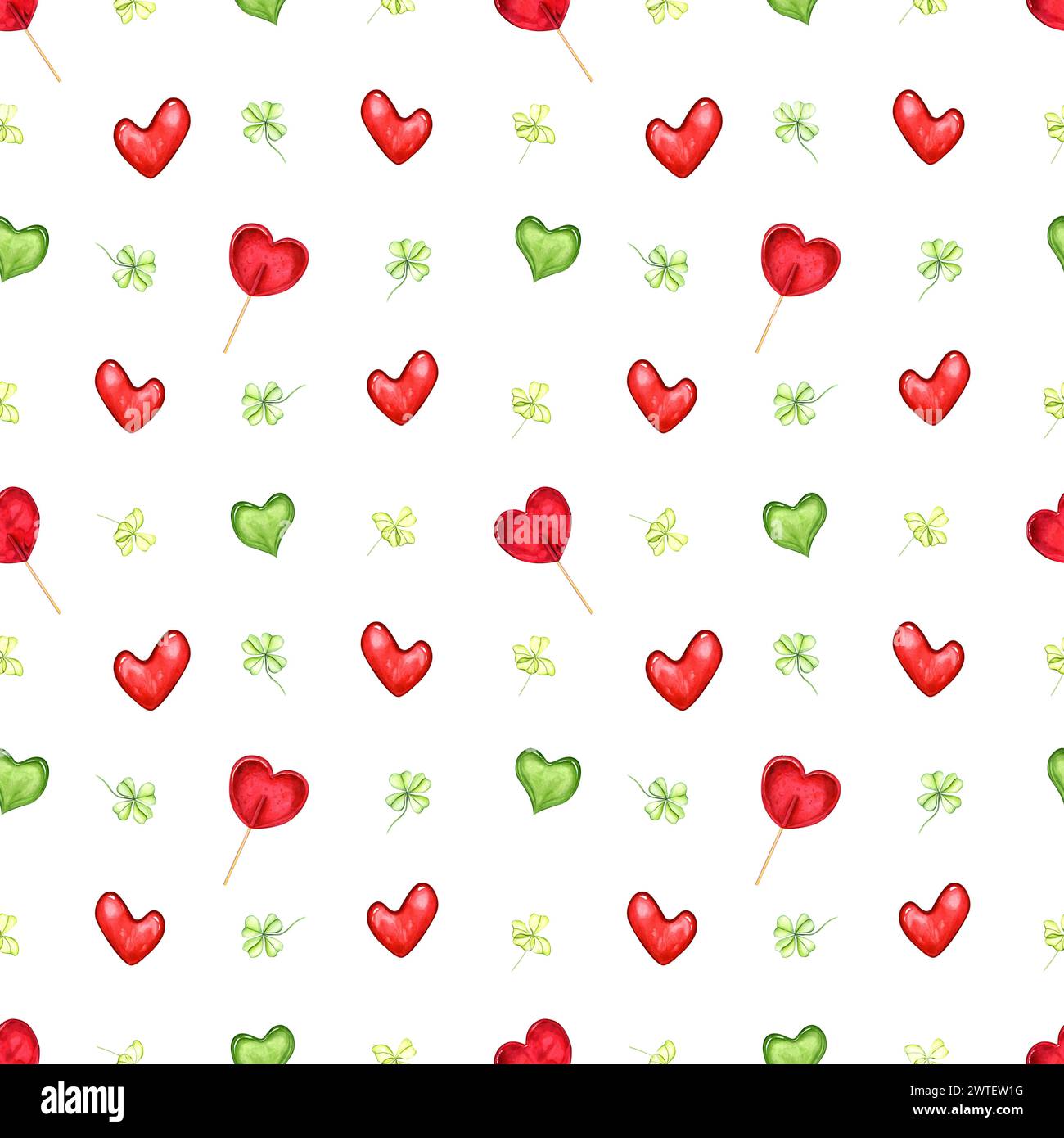 Coeurs rouges, verts et feuilles vertes. Caramels en forme de coeur. Sucette sur bâton. Feuille de trèfle, plante. Suceur, bonbons, baguette. Banque D'Images