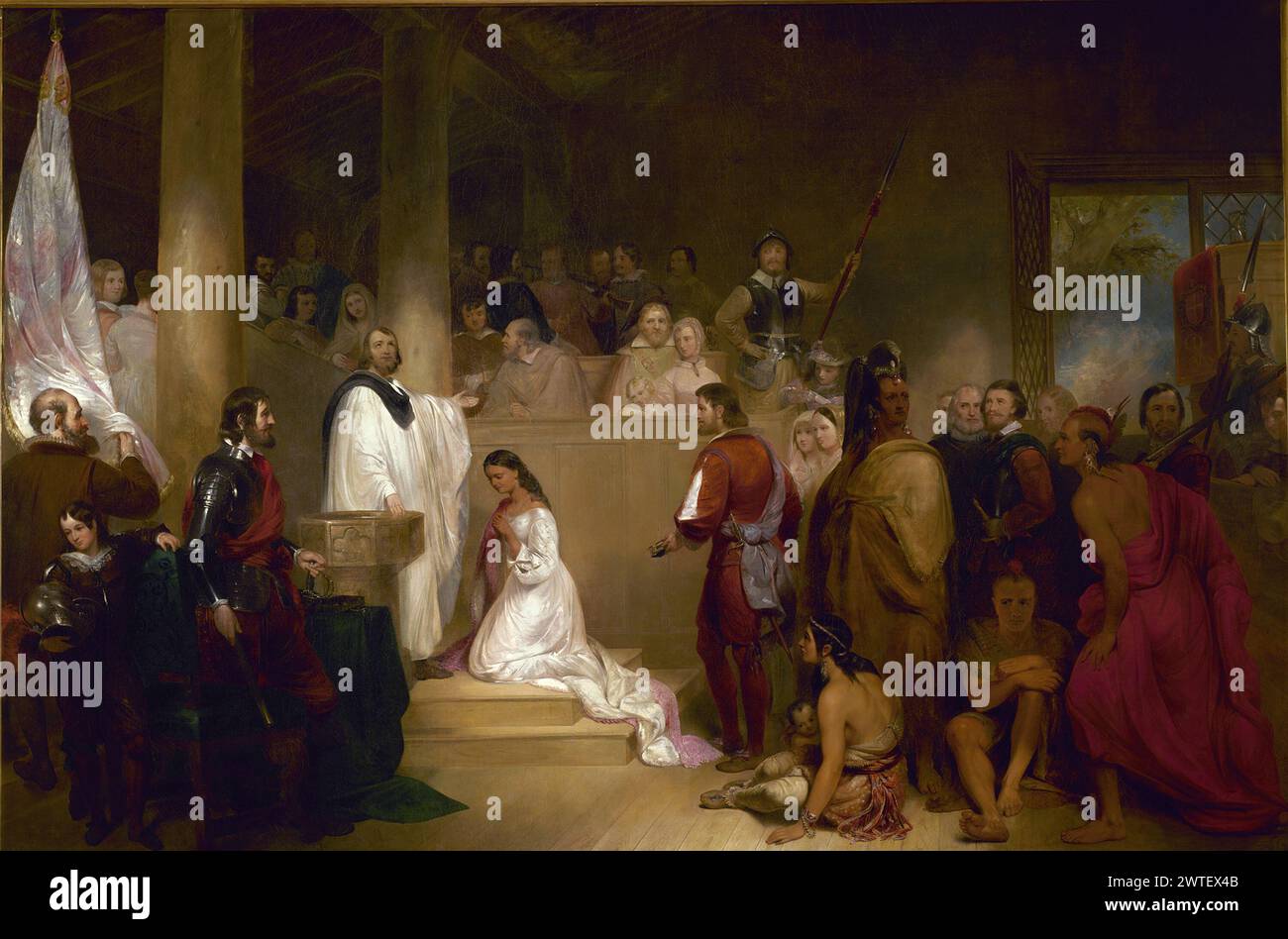 Baptême de Pocahontas a été peint en 1840 par John Gadsby Chapman, qui représente Pocahontas, vêtu de blanc, baptisé Rebecca par le ministre anglican Alexander Whiteaker (à gauche) à Jamestown, en Virginie. Cet événement aurait eu lieu en 1613 ou en 1614. Banque D'Images