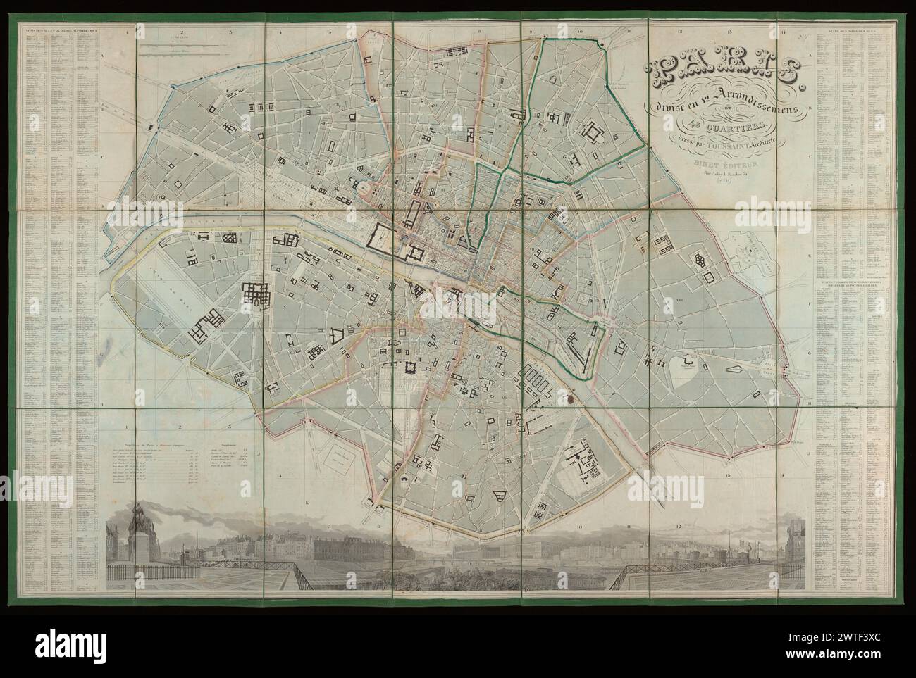 Paris, langues en 12 arrondissemens et 48 quartiers / dressé par Toussaint architecte, vers 1840. Toussaint, G. Alvar, cartographe. [Environ 1840] Vallée énumère trois numéros de la carte actuelle, tous par d'autres éditeurs, avec des dates conjecturales de 1835, 1841, et 1842 ou plus tard. Sur la base de ces autres questions, il identifie les graveurs comme Laguillermie et Lebel, avec des lettres d'Abel Malo. Voir L. Vallée, catalogue des plans de Paris, 3050-3052. Titre en haut à droite. Index des rues sur les bords gauche et droit. Barres d'échelle de 800 toises et 1000 mètres. En bas se trouve un panorama de la Seine fr Banque D'Images