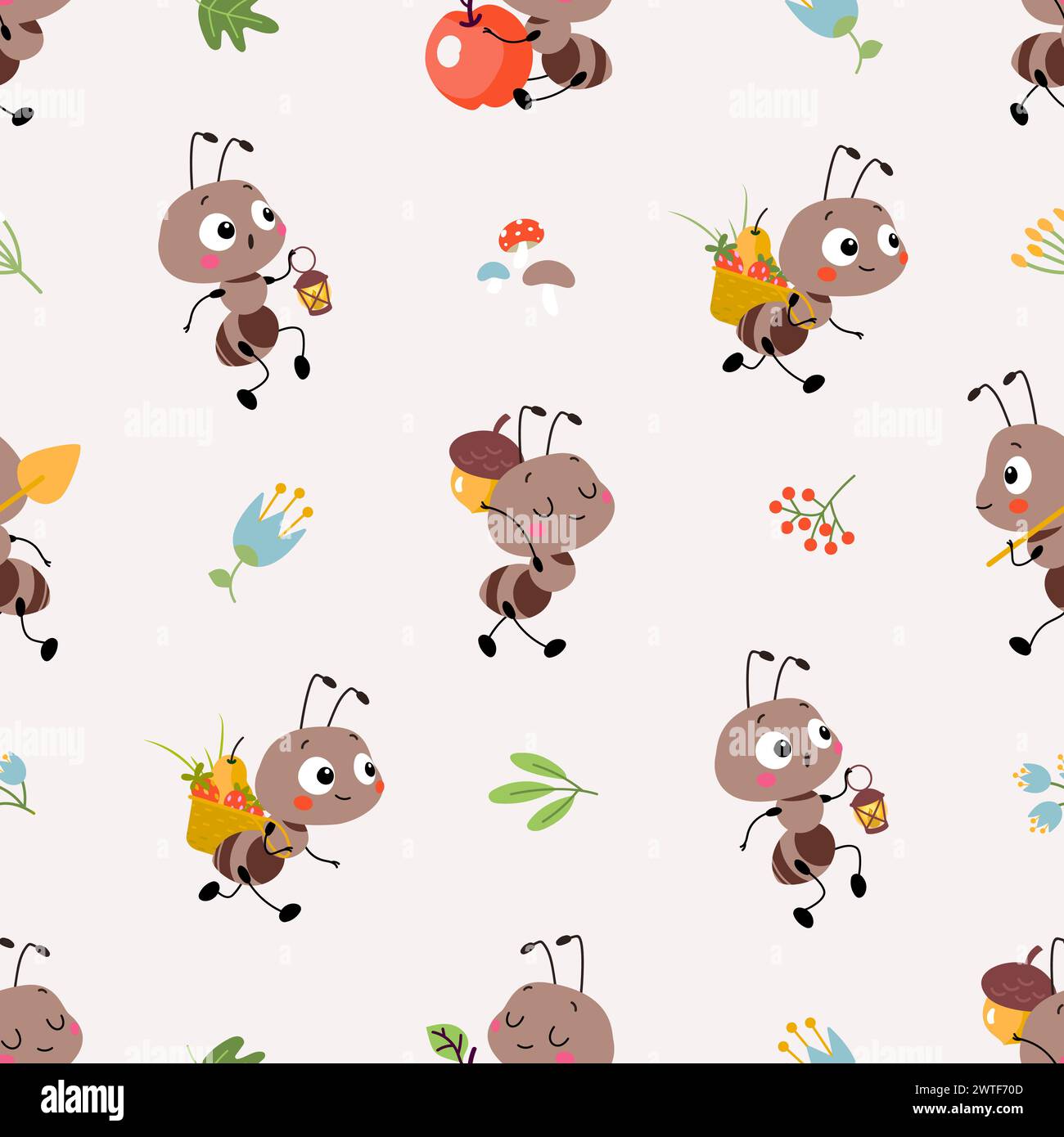 Motif sans couture de fourmi de dessin animé. Fourmis drôles se déplaçant avec de la nourriture, de mignons insectes forestiers travaillant. Impression décorative de tissu enfantin, de nos jours fond vectoriel Illustration de Vecteur
