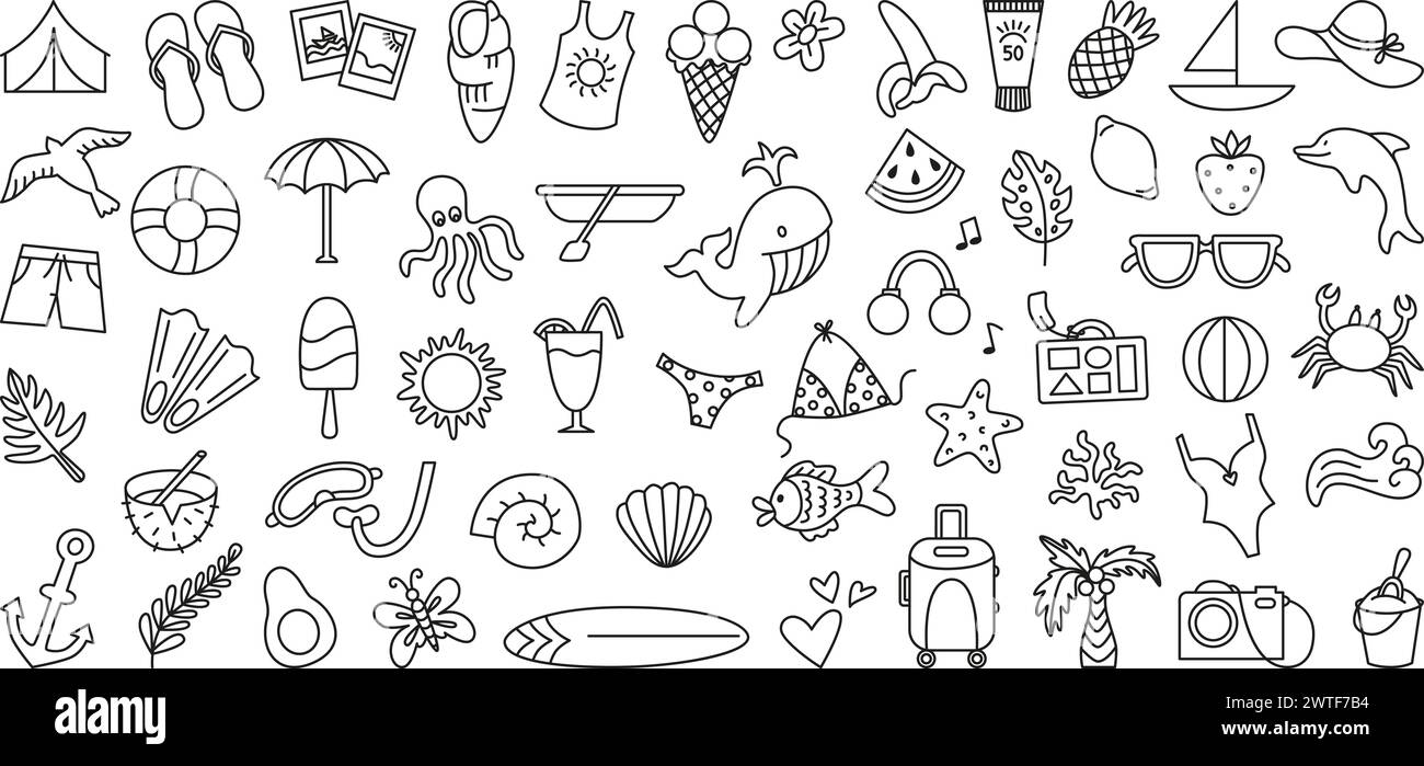 Bonjour l'été doodle clipart. Aventures estivales saisonnières, vacances sur la plage de l'océan. Animaux sous-marins, cosmétiques bronzer et vecteur néotérique Illustration de Vecteur