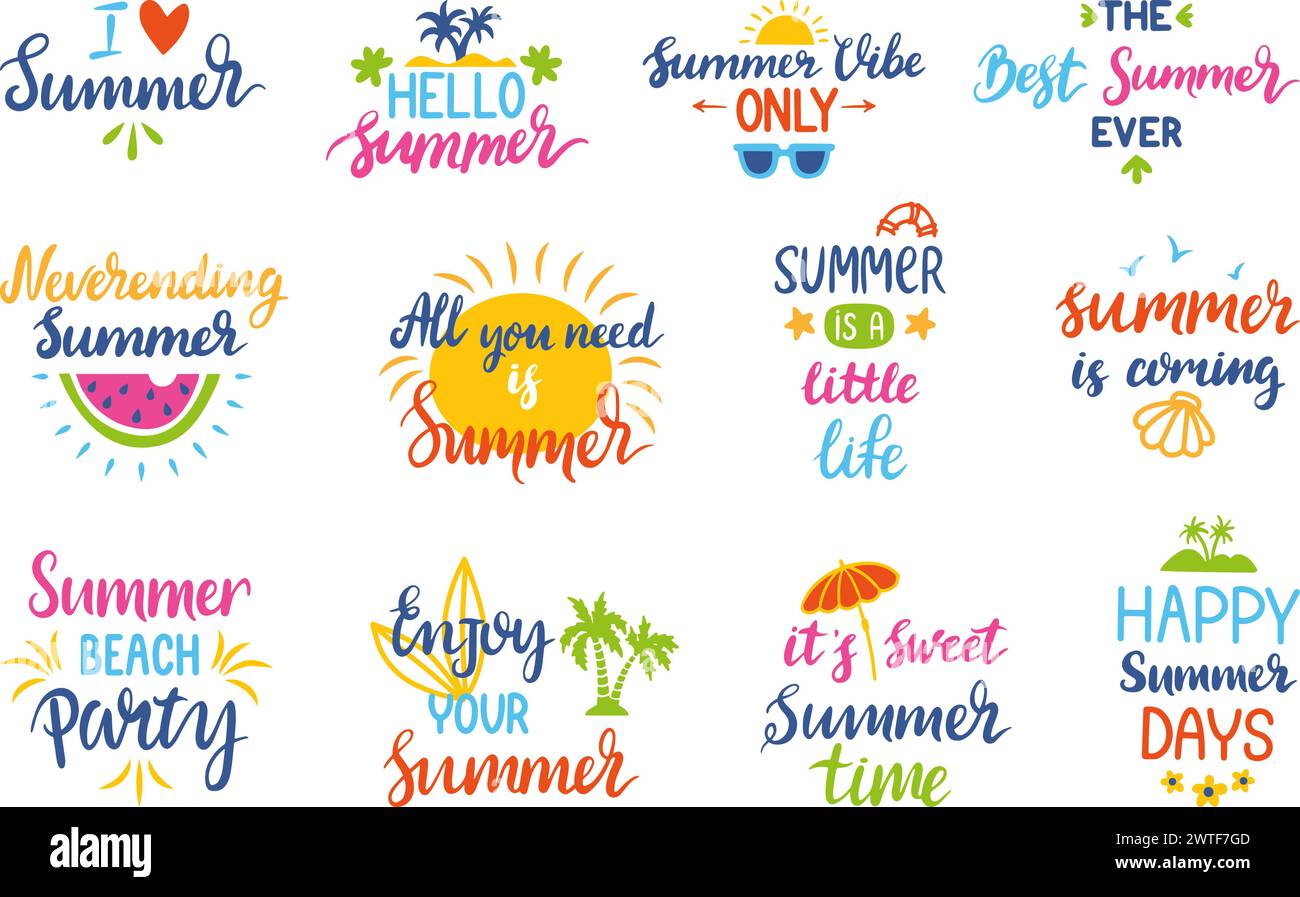 Phrases de lettrage d'été. Summertime, Summer texte positif avec des éléments de doodle. Vacances et voyage, aventures saisonnières ensemble de vecteurs néotériques Illustration de Vecteur