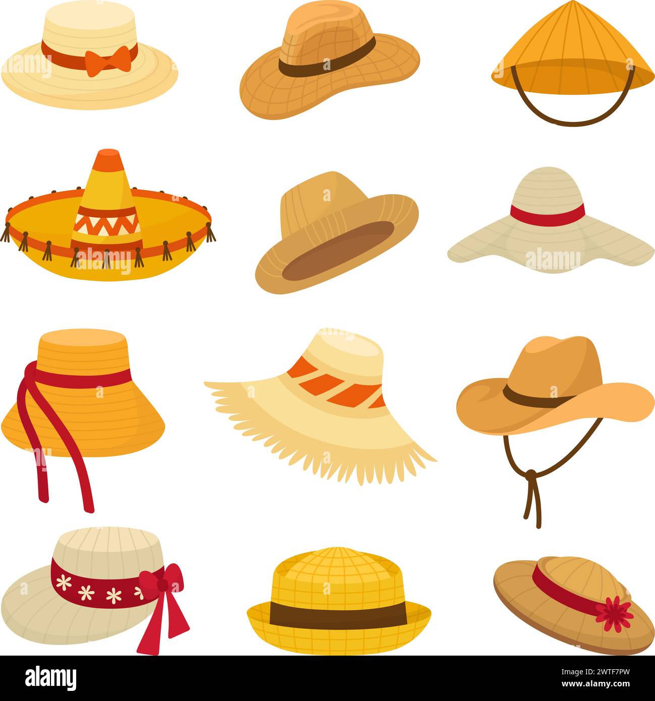 Chapeau de paille. Différents chapeaux pour hommes et femmes. Vietnam style fermier, accessoires pour la tête pour le travail dans les champs, repos sur la plage ou promenade touristique, néotérique Illustration de Vecteur