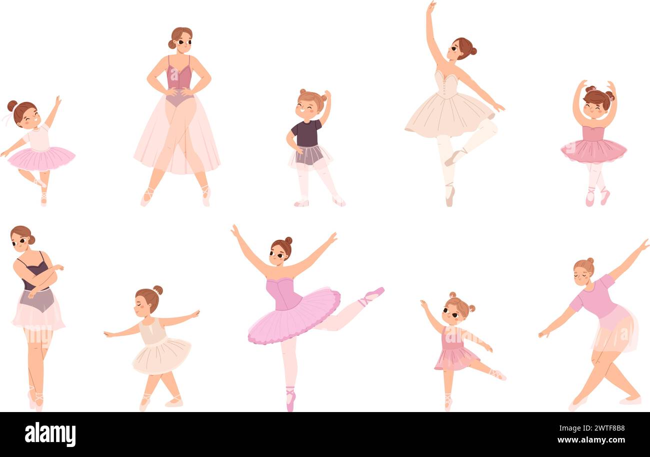 Ballerines féminines. Jolies filles danseuses en robe et jupes tutu. Petite fille dansant la danse classique. Artistes de théâtre, personnages vectoriels classiques serrés Illustration de Vecteur