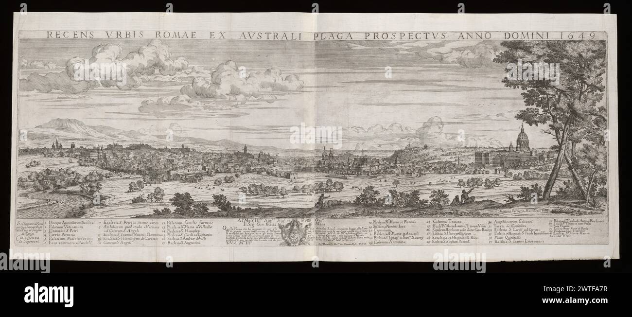 Recens Urbis Romæ ex australi plaga prospectus anno Domini, 1649. Barrière, Dominique, vers 1618-1678, graveur. 1649 la vue est représentée du nord vers le sud, d'un point de vue au-delà des murs, s'étendant de Santa Maria Maggiore à Basilique Pierre. Avec 42 sites identifiés dans une légende à la base. Réf. : Arrigoni-Bertarelli 134. Mentions légales : Rome, Giovanni Domenico Rossi. Dédicace à Giovanni Battista Mora. Anna Laetitia Pecci-Blunt a rassemblé des estampes, des œuvres publiées, des dessins et des peintures thématiques axées sur la ville de Rome. Sa collection comprenait Views, pla Banque D'Images