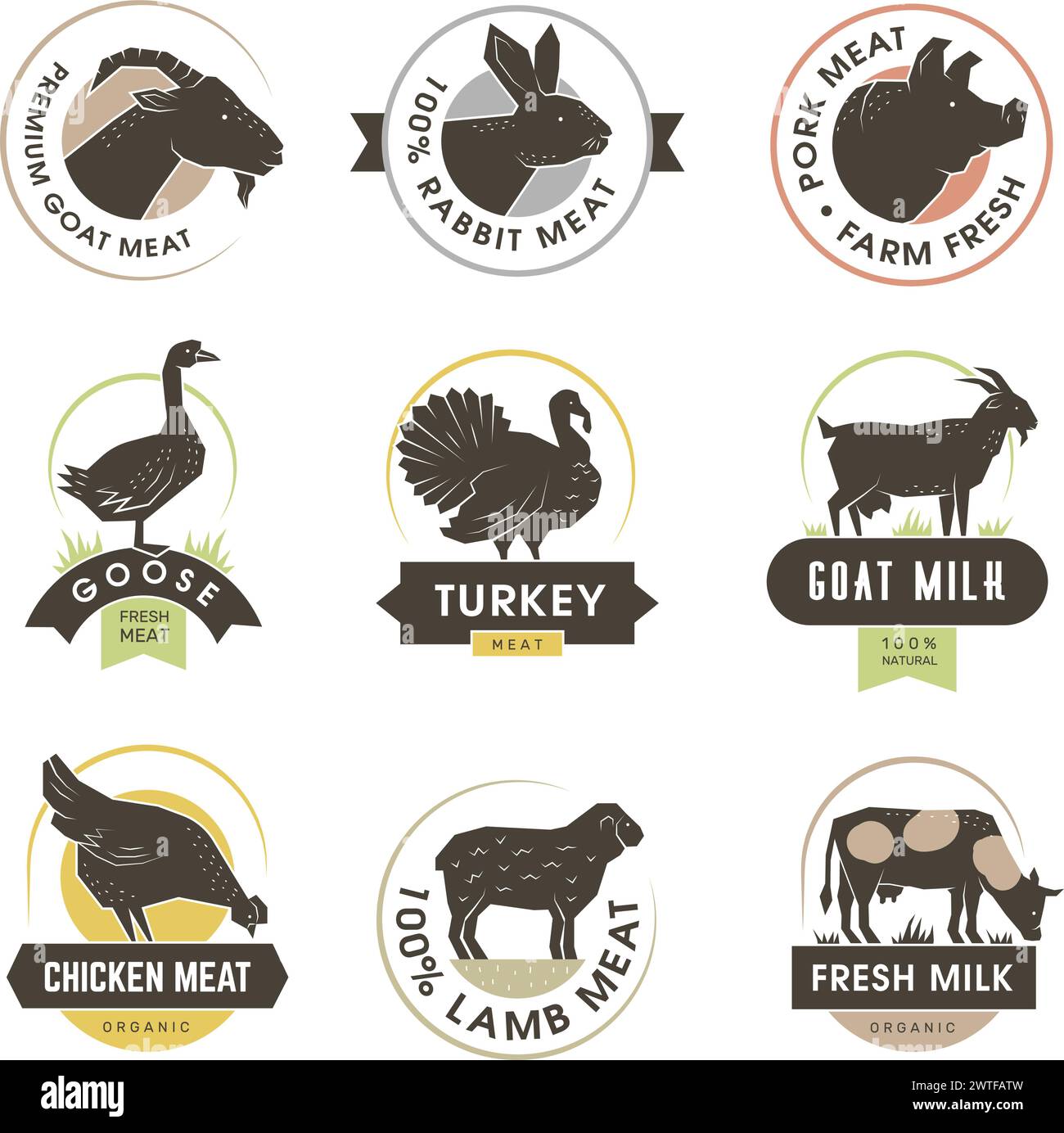 Logo alimentaire. Emblème avec différents animaux pour manger des produits du marché lapin, vache, agneau et viande de porc modèles vectoriels récents avec place pour le texte Illustration de Vecteur