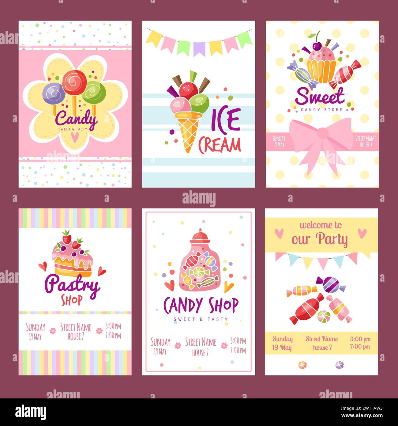Cartes douces. modèle de posters avec différents bonbons et crèmes glacées Illustration de Vecteur