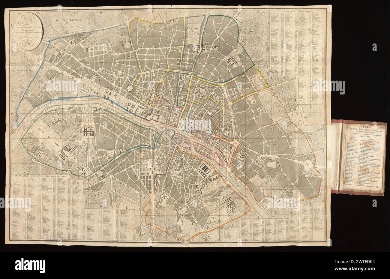 Plan de la ville de Paris, nouvellement dressé : comprenant les rues nouvelles et tous les édifices / dessiné par E. Hocquart, & gravé par Charmont, 1825. Hocquart, E. (Édouard), 1789-, cartographe. [1825] titre ovale en haut à gauche. 'Nomenclature alphabétique des rues de Paris' dans les 3 coins restants, indexée en carrés sur le plan étiqueté A-l, 1-9. Carte jointe à la page [2] de la couverture en carton. Letterpress title Mounted on p. [1] de la couverture : Plan de Paris, comprenant toute[s] les rues nouvelle[s] et les principaux edifices ; suivi de la liste imprimée des rues, quais, places, boulevarts, etc., par Banque D'Images