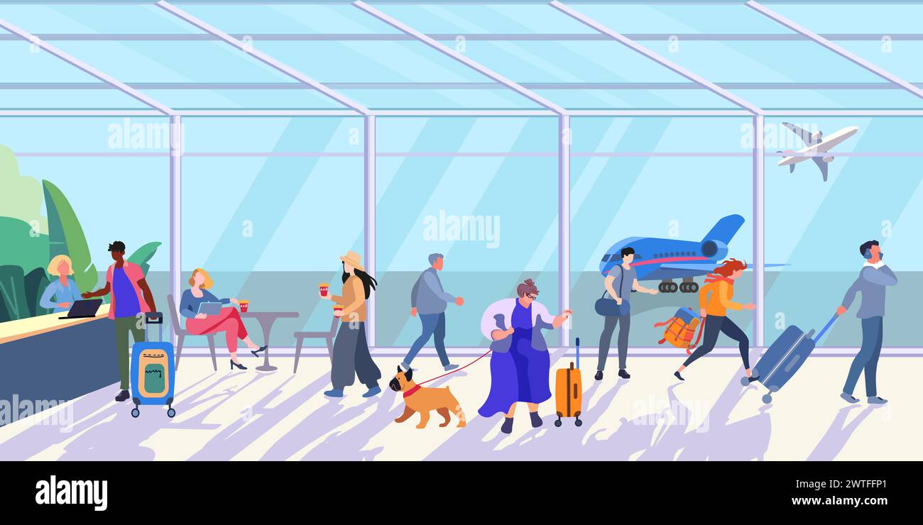 Intérieur ensoleillé à l'intérieur du terminal de l'aéroport avec des personnes et des bagages. Salon de l'aéroport par une journée ensoleillée. Une grande femme avec un chien et une fille qui court. Enregistrement de vol au comptoir. Illustration vectorielle plate pour bannière, affiche et publicité Illustration de Vecteur
