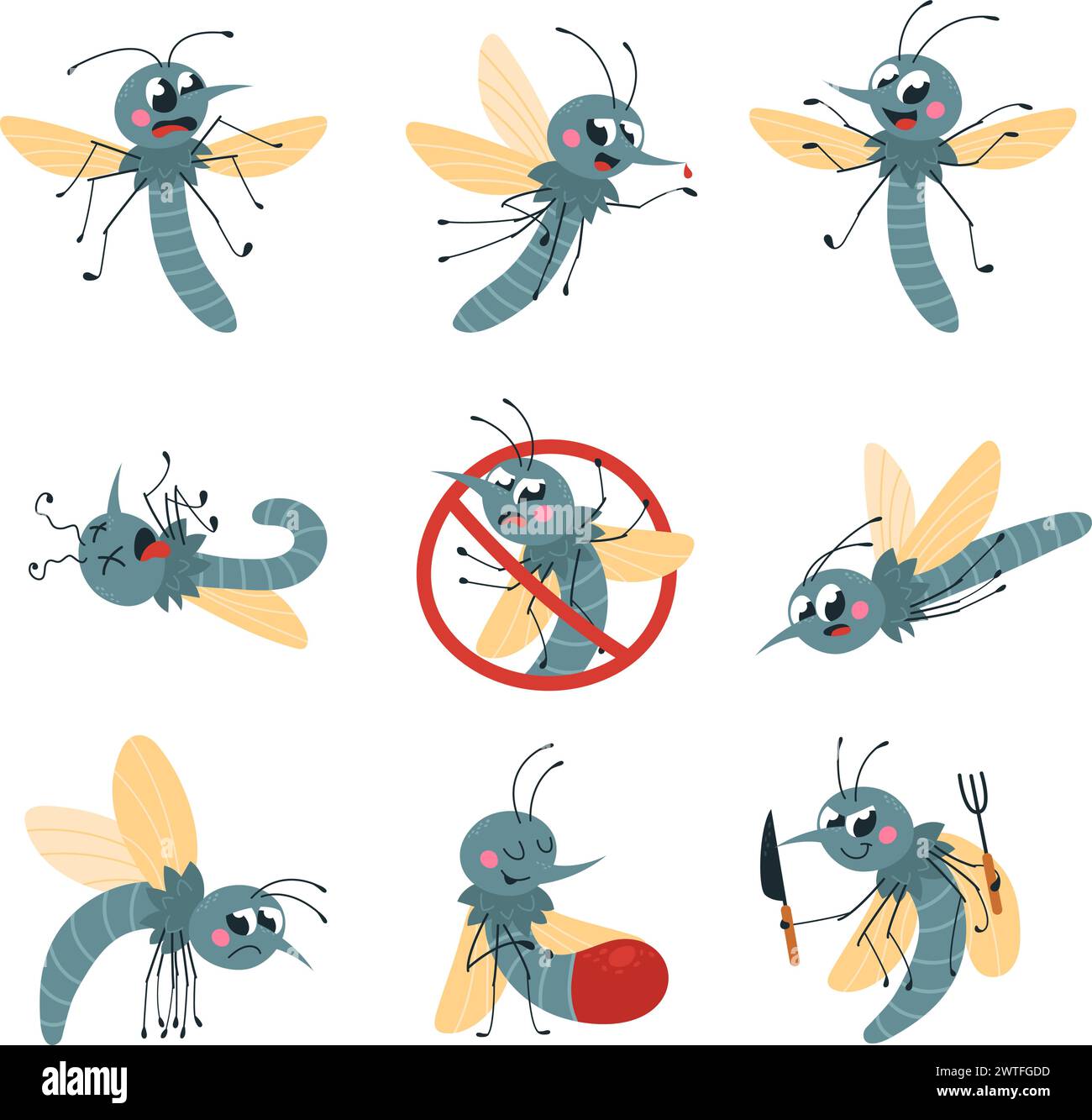 Moustiques de dessins animés. Moustique drôle isolé dans diverses poses. Vampire insecte saisonnier, bourgeons volants. Forêt parasite, personnages vectoriels classe Illustration de Vecteur