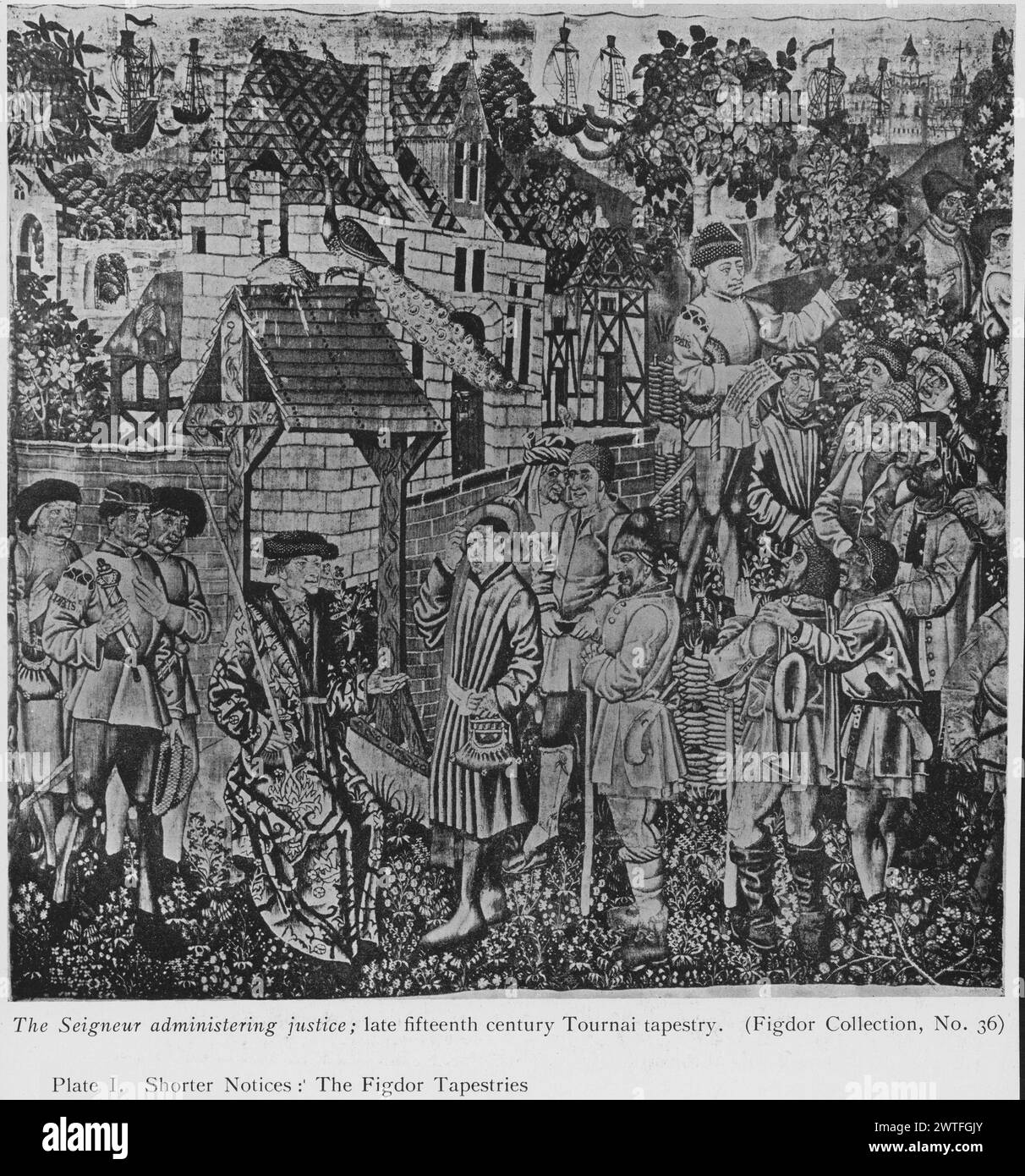 Seigneur administrant la justice. Inconnu c. 1490-1520 tapisserie dimensions : H 370 x l 395 cm tapisserie matériaux/techniques : laine culture : Sud des pays-Bas Centre de tissage : inconnu historique de propriété : Dr Albert Figdor coll. Vienne ; vendu en 1930 à Berlin par Paul Cassirer. Inscriptions : inscription sur la chemise des hommes : PAIS Lord tient le bâton et s'assoit devant la porte de la ville (l, premier plan), groupe d'hommes approchent le seigneur (R, premier plan), ses préposés se tiennent à proximité, 2 ont des inscriptions sur leurs manches (homme au coin l, autre R du centre, milieu du sol) ville fortifiée et porte de la ville sur laquelle se trouvent paon et colombe (?) Banque D'Images