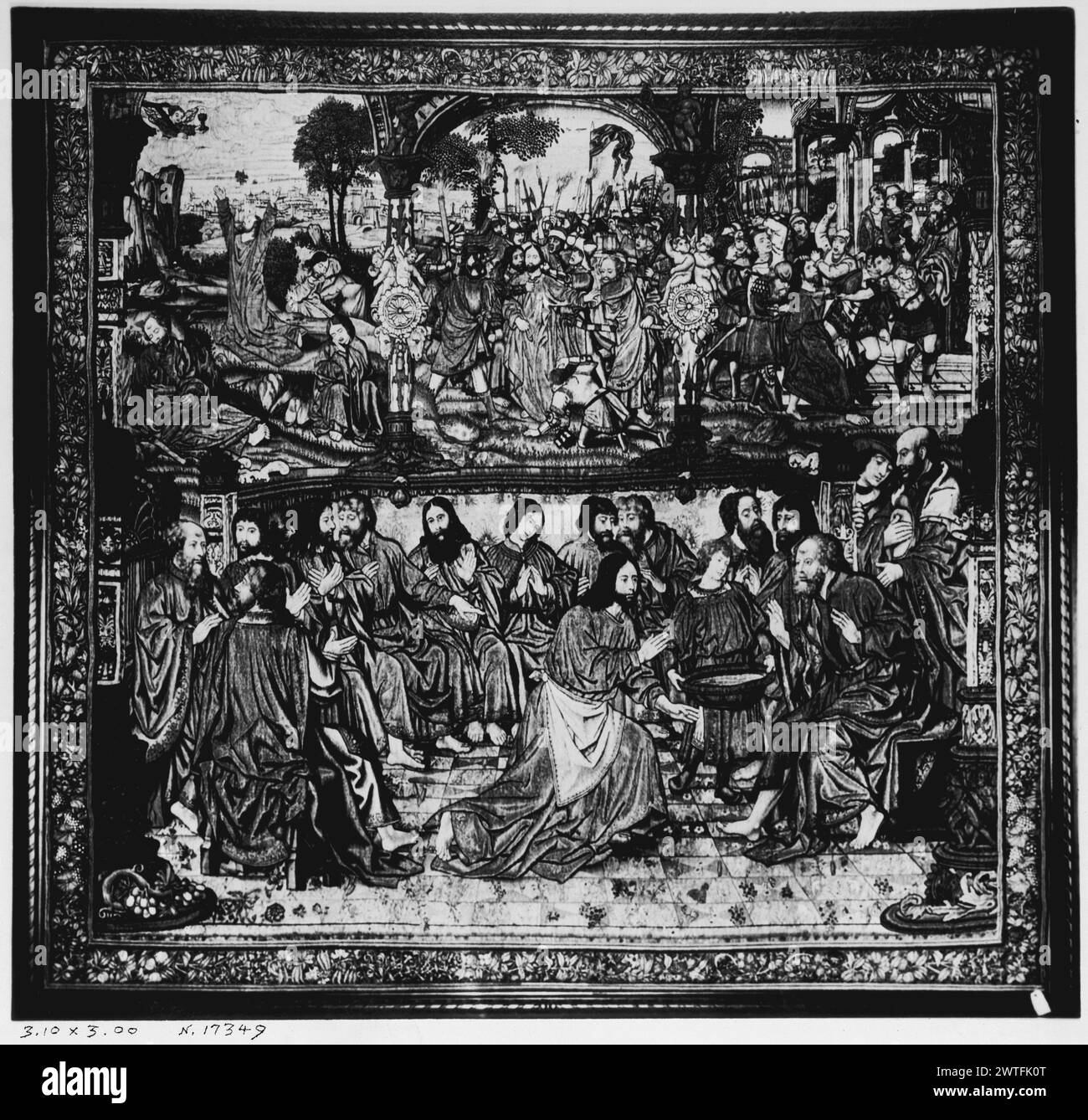Christ lave les pieds des Apôtres, agonie du Christ, baiser de Judas et flagellation. Aelst, Pieter van (pays-Bas (avant 1600) - Flandre, acte.1495-1532) (atelier, attr.) [tisserand] c. 1510-1520 tapisserie dimensions : H 300 x l 315 cm tapisserie matériaux/techniques : laine et soie ; fil métallique (or) culture : Sud des pays-Bas histoire de la propriété : Français et Co. Pays-Bas, Hollande du Nord, Amsterdam, Rijksmuseum. Moitié supérieure divisée par 2 colonnes, créant 3 scènes ; à gauche, sur le mont des oliviers (Oelberg), Christ prie dans le jardin de Gethsémané pendant la nuit près de 2 apôtres endormis (Matthieu 26:36-56; Banque D'Images