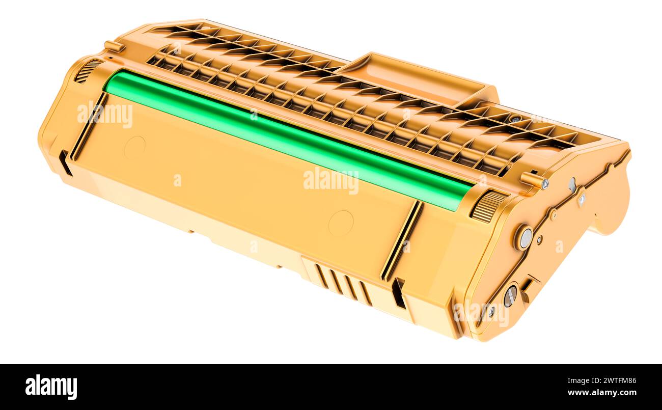 Cartouche de toner dorée, rendu 3D isolé sur fond blanc Banque D'Images