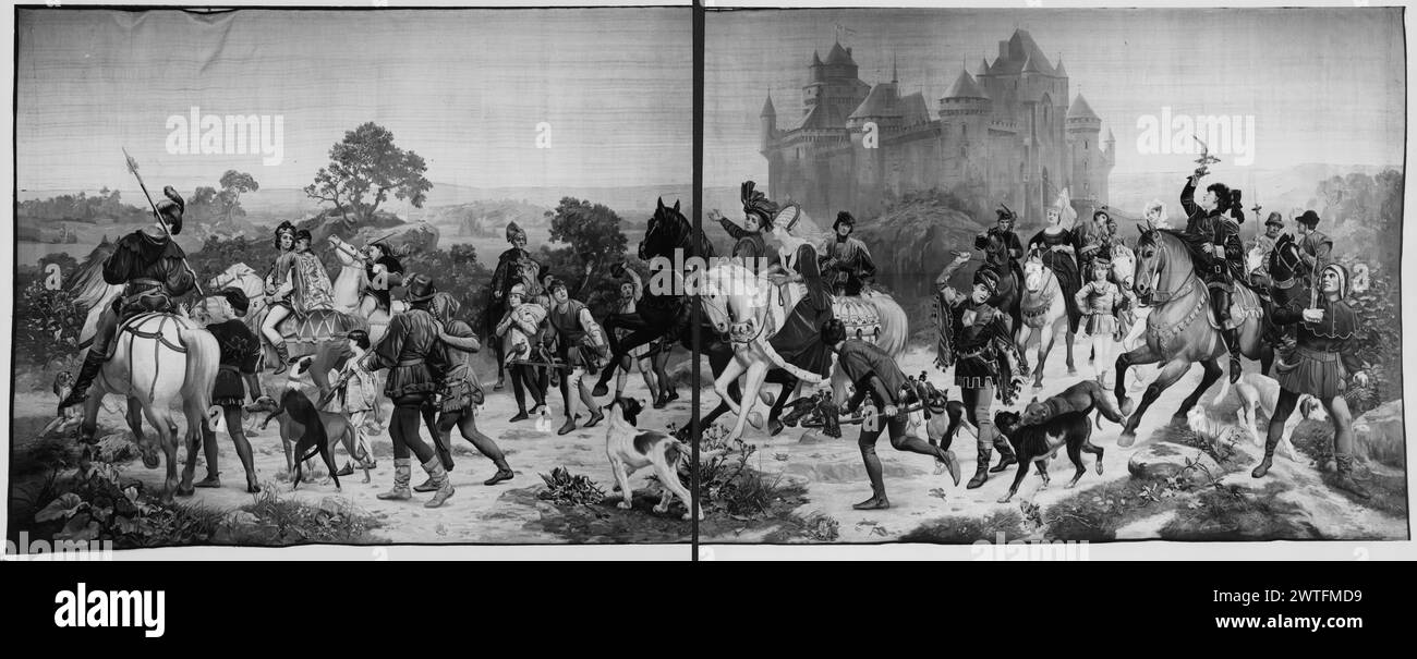 Début de la chasse. Baader, Louis-Marie (français, 1828-CA.1919) (dessiné après) [peintre] Braquenié, Alexandre (pays-Bas (après 1600), acte.1856-1885) (atelier) [tisserand] Braquenié, Henri (pays-Bas (après 1600), acte.1856-1885) (atelier) [tisserand] c. 1880 tapisserie dimensions : H 184' x W 575' tapisserie matériaux/techniques : coton ? (Chaîne : 19/po ; 7-8/cm) ; laine et soie (trames) culture : Centre de tissage flamand : histoire de propriété Mechlin : Français et Co. reçu de John Bass Per Milton [Samuels] 4/1960 ; retourné le 3/9/1964. États-Unis, Floride, Miami Beach, Bass Museum of Art, accno. 64.95. I Banque D'Images