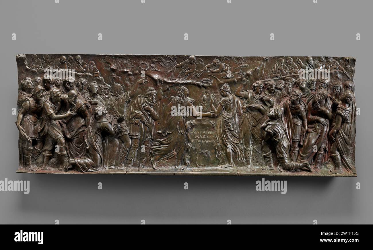 Apothéose de Michel-Ange. Bartolomeo Ammannati (Italien, 1511 - 1592) vers 1564 L'Apothéose de Michel-Ange rassemble un rassemblement animé de quarante-quatre personnages célébrant tous le grand artiste. Michel-Ange Buonarroti (1475-1564) est vu juste à gauche du centre, avec la main gauche sur sa poitrine et l'autre tenant le carré des architectes. Au milieu se trouve un autel avec une flamme brûlante et une inscription latine. Cette inscription dit « NIL SINE MAGNO VITA LABORE » (« rien ne se gagne dans la vie sans grand effort ») et est une version abrégée d’une devise du poète lyrique romain Ho Banque D'Images