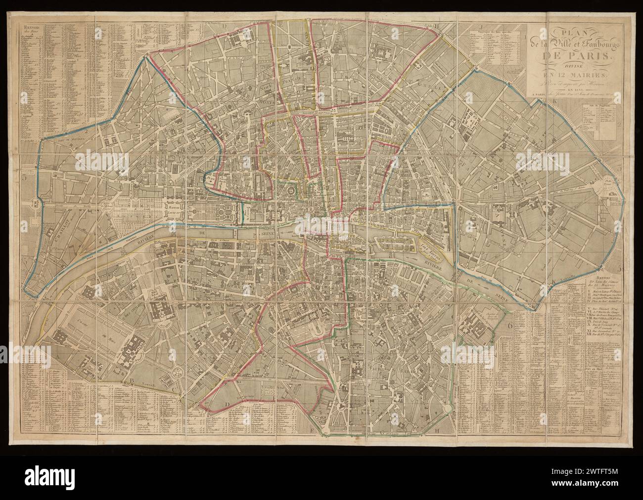 Plan de la ville et faubourgs de Paris, indicateurs en 12 mairies / revu et augmenté par Hérisson, 1833. 1833 panneau titre en haut à droite. Index alphabétique des rues dans les trois coins restants, indexé en carrés réglés étiquetés horizontalement A-H, J-K et verticalement 1-7. Orienté avec le nord en haut. Carte découpée en 21 panneaux rectangulaires et montée sur lin. Limites des arrondissements tracées en couleur. Échelle d'environ 1:10,50. Getty copie a la bibliothèque de A.H. DeGeorge, architecte. Banque D'Images