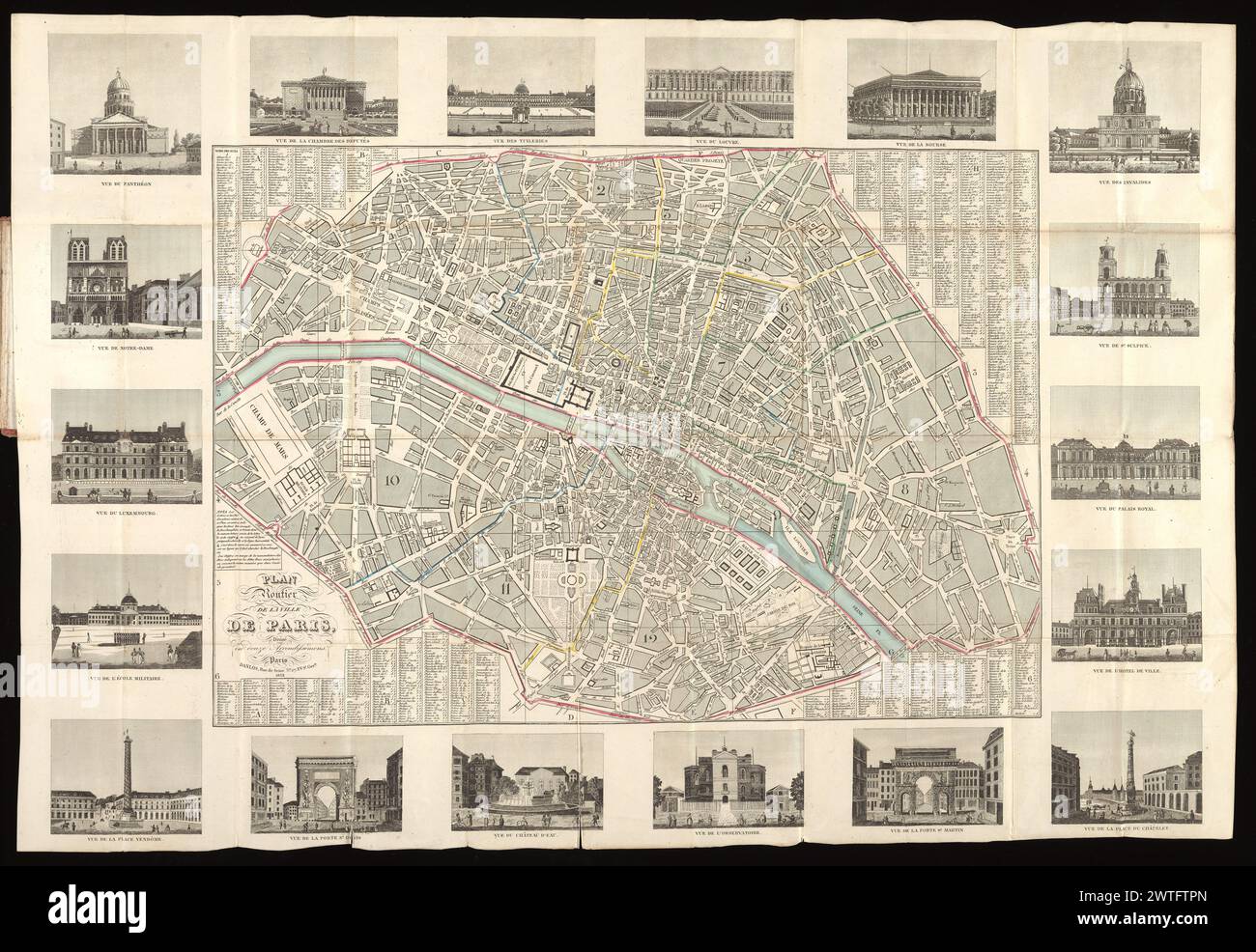 Plan routier de la ville de Paris, bases en douze arrondissemens, 1833. 1833 L. Vallée cite les éditions ultérieures de 1835 et 1837 (les plans des Paris, no. 801, 802). Panneau titre en haut à droite. Index alphabétique des rues indexé en carrés réglés étiquetés horizontalement A-H et verticalement 1-6. Plan intérieur frontière 40,3 x 58,3 cm, entouré de 18 vues de bâtiments principaux en marge : Chambre des députés, Tuileries, Louvre, Bourse, Invalides, Prog Sulpice, Palais Royal, Hôtel de ville, place du Châtelet, porte équipée Martin, Observatoire, Château'eau, porte équipée Denis, place Vendôme, école militaire, Luxem Banque D'Images