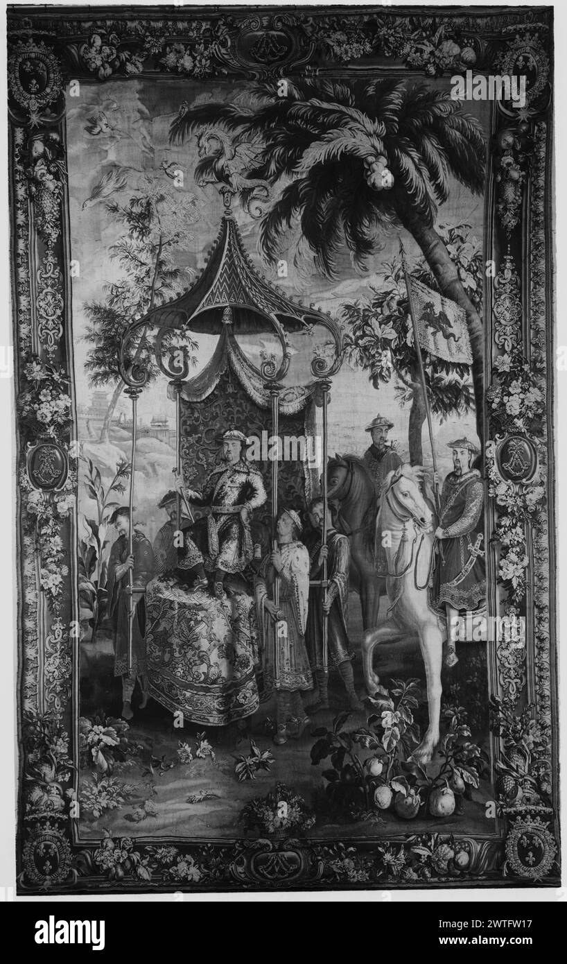 Empereur en voyage. Vernansal, Guy-Louis (français, 1648-1729) (auteur de design, attr.) Monnoyer, Jean-Baptiste (français, 1636-1699) (auteur du dessin) [peintre] Belin, Jean-Baptiste I (français, 1653-1715) (auteur du dessin) [peintre] Béhagle, Philippe I (français, b.1641-d.1705) (atelier) [tisserand] c. 1697-1705 tapisserie dimensions : H 13'10' x W 8'4' tapisserie matériaux/techniques : laine et soie culture : Centre de tissage français : Beauvais histoire de la propriété: réalisé pour le Louis-Alexandre de Bourbon, comte de Toulouse & duc de Penthièvre. Louis-Jean-Marie de Bourbon, duc de Penthièvre (fils de th Banque D'Images