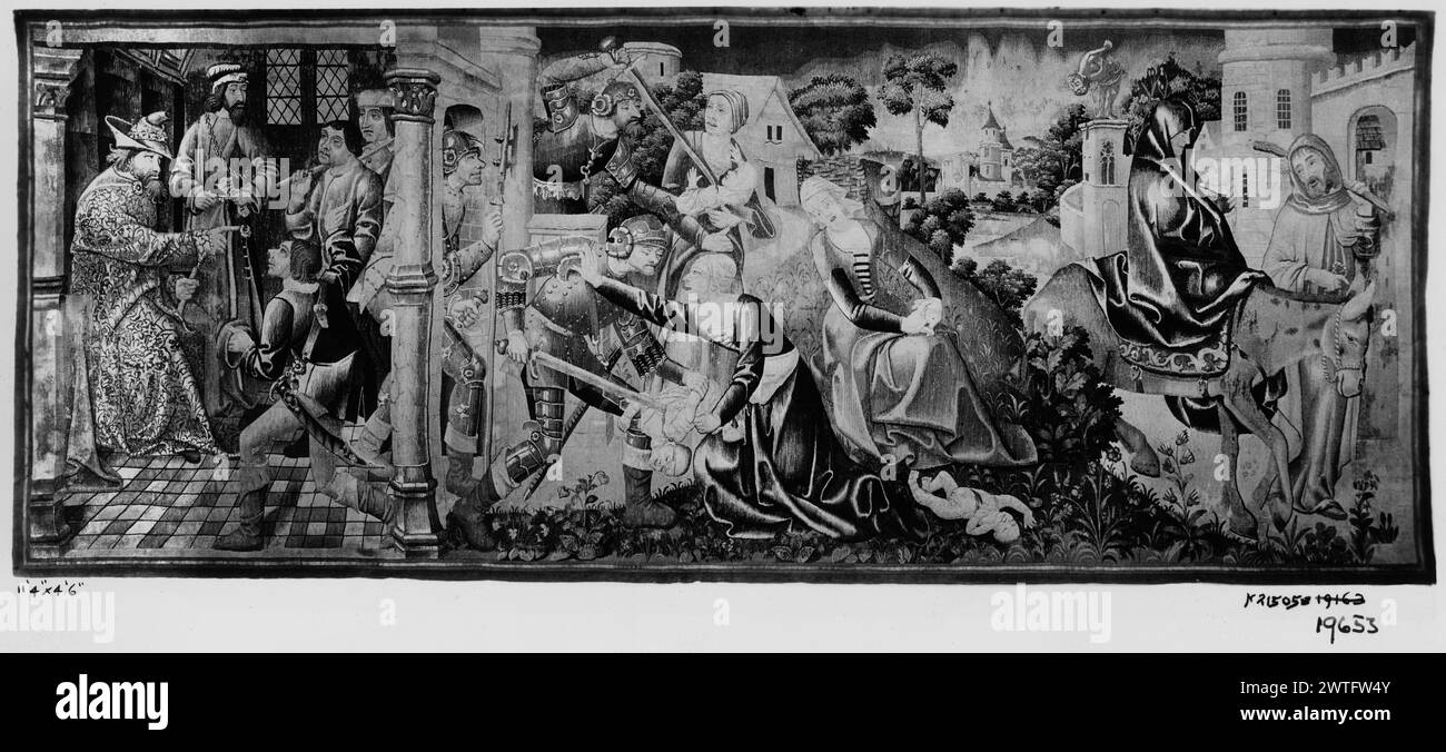 Jeunesse du Christ : massacre d'innocents et fuite en Egypte. Inconnu c. 1480-1500 tapisserie dimensions : H 4'6' x l 11'4' tapisserie matériaux/techniques : laine et soie culture : Sud des pays-Bas histoire de propriété : Cathédrale de Bayeux. G. Hoentschel coll. J. Pierpont Morgan coll. French & Co acheté de J. P. Morgan coll., n.d. [vers 1918 ?] ; vendu à Clarence H. [Hungerford] Mackay le 15 juin 1921. Clarence Hungerford Mackay coll. (avant 1925). États-Unis, Caroline du Sud, Greenville, Université Bob Jones Collection of Sacred Art. Dans le bâtiment architectural, le roi intronisé Hérode donne des ordres à Banque D'Images