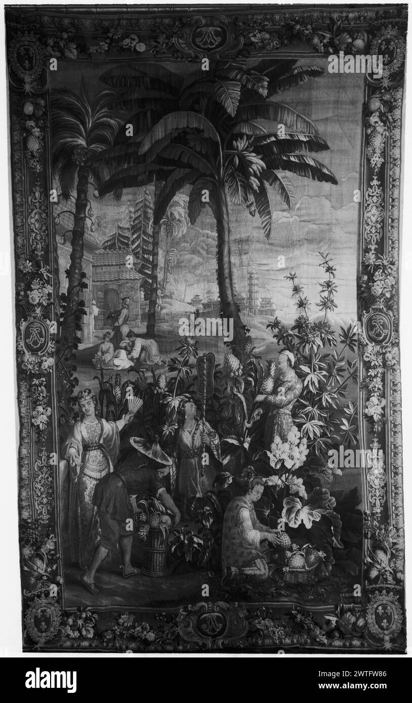 Récolte d'ananas. Vernansal, Guy-Louis (français, 1648-1729) (auteur de design, attr.) Monnoyer, Jean-Baptiste (français, 1636-1699) (auteur du dessin) [peintre] Belin, Jean-Baptiste I (français, 1653-1715) (auteur du dessin) [peintre] Béhagle, Philippe I (français, b.1641-d.1705) (atelier) [tisserand] c. 1697-1705 tapisserie dimensions : H 13'7,5' x W 8'5,5' tapisserie matériaux/techniques : laine et soie culture : Centre de tissage français : Beauvais histoire de la propriété: réalisé pour le Louis-Alexandre de Bourbon, comte de Toulouse & duc de Penthièvre. Louis-Jean-Marie de Bourbon, duc de Penthièvre (fils o Banque D'Images