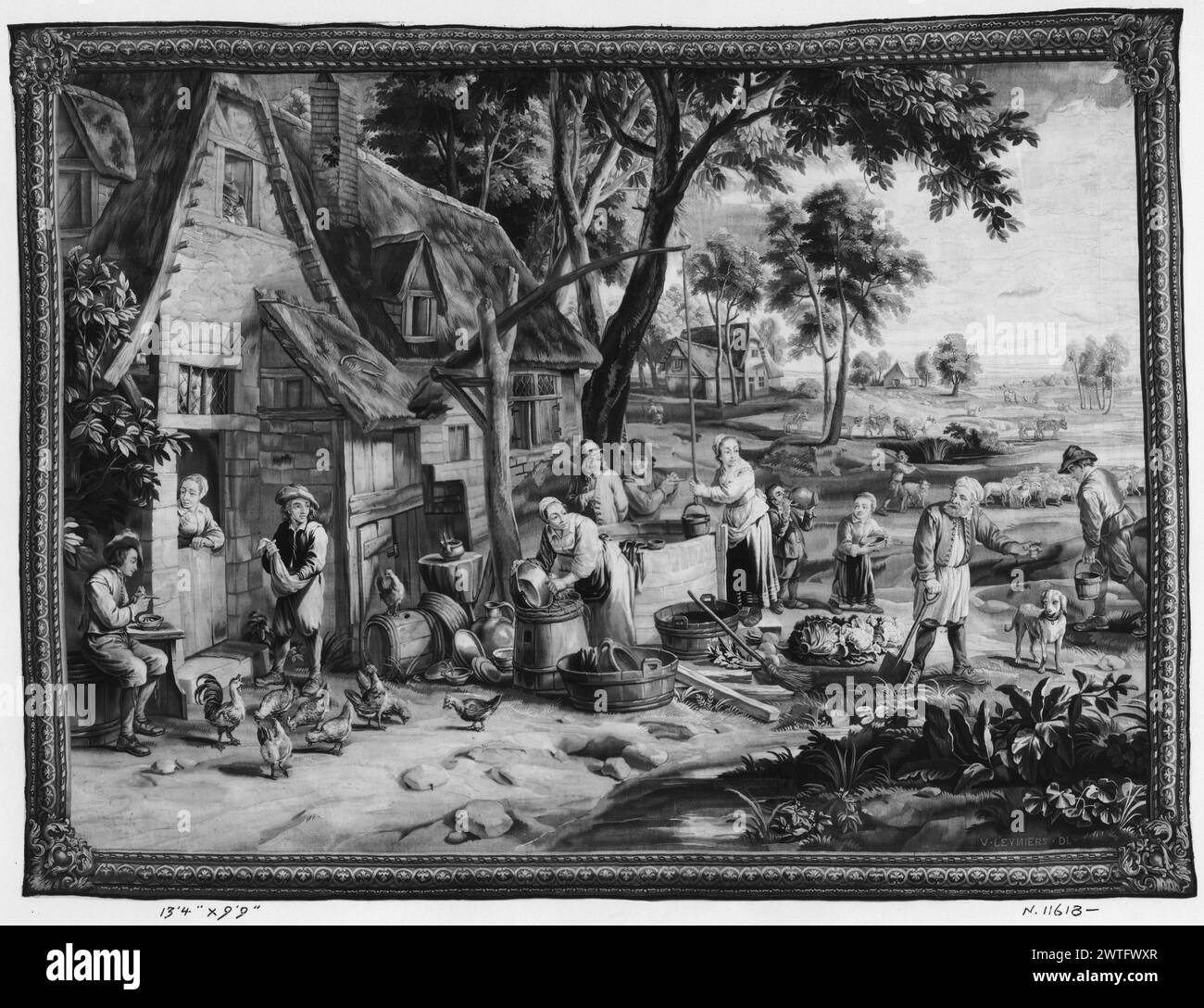Scène de cour de ferme. Teniers, David II (Flamand, 1610-1690) (dessiné après) [peintre] Leyniers, Urbanus (Flamand, 1674-1747) (atelier) [tisserand] Leyniers, Daniel III (Flamand, 1705-1770) (atelier) [tisserand] c. 1700-1750 dimensions de la tapisserie : H 9'9' x W 13'4' matériaux/techniques de tapisserie : inconnue culture : Centre de tissage flamand : Bruxelles histoire de la propriété : Français & Co. Inscriptions : signature tissée dans la garde inférieure, à droite : V LEYNIERS DL dans le paysage avant le chalet, les figures nourrissent la volaille, écumer les casseroles, tirer l'eau du puits et du jardin (premier plan) ; chalets et berger avec troupeau de moutons (arrière-plan) (BRD) abs Banque D'Images