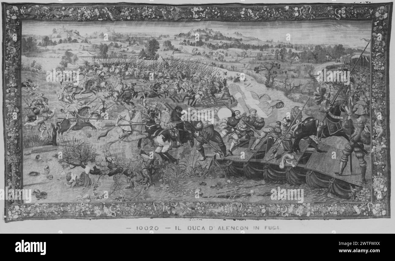 Évasion des Français alors que l'armée du duc d'Alençon se retire au-delà du fleuve Tessin. Orley, Bernart van (pays-Bas (avant 1600) - Flandre, vers 1492-1542) (dessiné après) [peintre] Moy, Willem (pays-Bas (avant 1600) - Flandre, acte. CA.1525) (atelier) [tisserand] c. 1530 tapisserie dimensions : H 433 x l 836 tapisserie matériaux/techniques : laine et soie ; fil métallique (or) culture : histoire de la propriété flamande : Charles V et sa sœur, Marie de Hongrie coll. Italie, Campanie, Naples, Naples, Museo nazionale di Capodimonte, accno. I.G.M.N. 144487. Soldat à cheval avec d'autres soldats s'échappent sur le pont f Banque D'Images