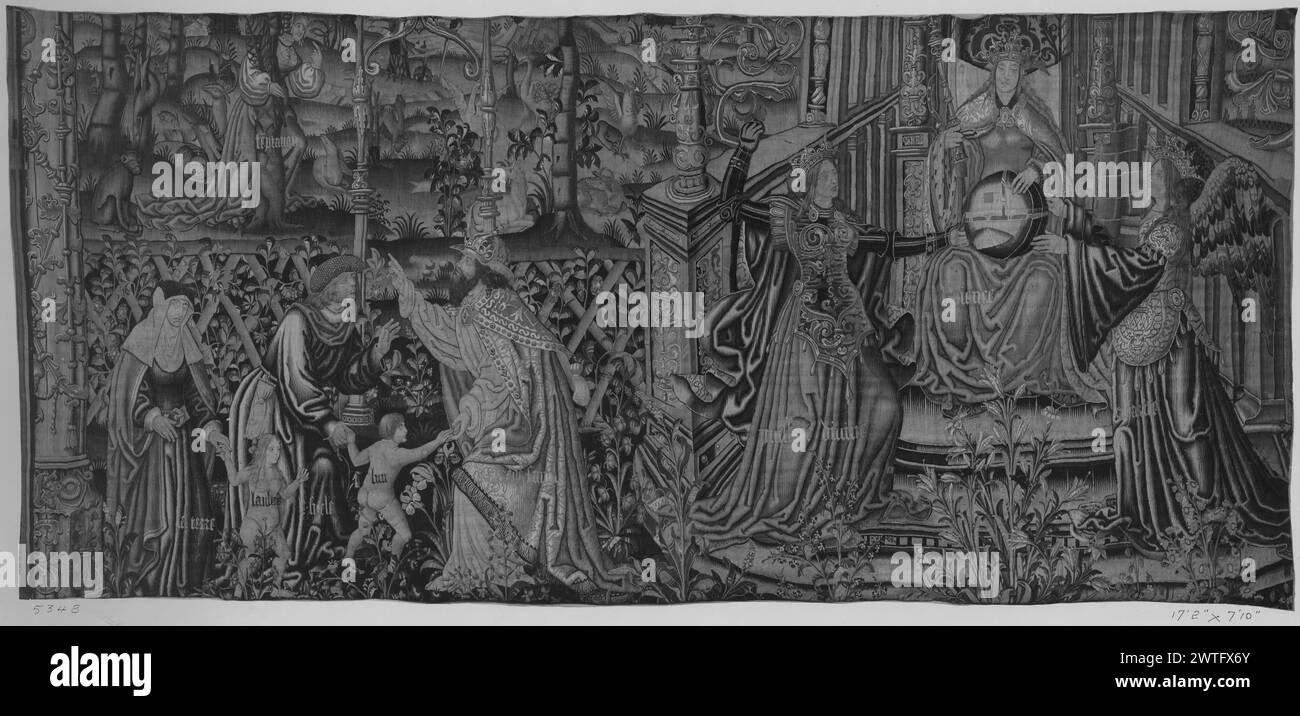 Jugement de sagesse. Unknown c. 1525-1550 dimensions de tapisserie : H 7'10' x l 17'2' tapisserie matériaux/techniques : inconnu culture : Centre de tissage flamand : Tournai histoire de propriété : Français & Co. acheté à Spanish Art Gallery 3/24/1921, vendu à Lionel Harris le 1/29/1923 (?). France, Bas-Rhin, Strasbourg, collection Simon Mikaeloff. Inscriptions : inscription avec le nom de chaque figure sur l : dans le jardin avec clôture en treillis, 2 petits enfants ('lun' & 'laultre') sont tenus par la main par 'terre' & 'siecle' comme leur père 'père de la famille' les avertit des dangers de 'tentation', vu dans la landsca Banque D'Images