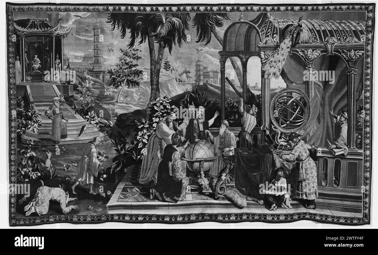Astronomes. Vernansal, Guy-Louis (français, 1648-1729) (auteur de design, attr.) [Peintre] Monnoyer, Jean-Baptiste (français, 1636-1699) (auteur du dessin) [peintre] Belin, Jean-Baptiste I (français, 1653-1715) (auteur du dessin) [peintre] c. 1705 tapisserie dimensions : H 10'1,5' x l 17'3' tapisserie matériaux/techniques : inconnue culture : Centre de tissage français : Beauvais histoire de la propriété : Français & Co. États-Unis, New York, New York, Francis L. Kellogg Collection. Sur le pavillon de terrasse avec toit nervuré sur R, Emperor se tient derrière le grand globe en stand avec 1 main sur le globe et 1 bras gesticulant dans l'ai Banque D'Images