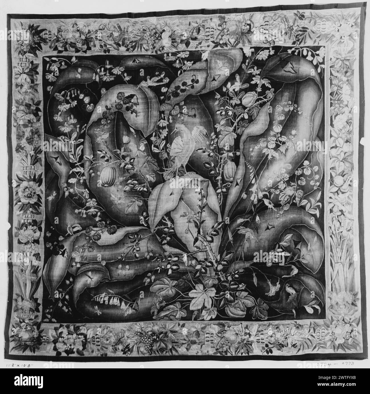Verdure à grandes feuilles avec grande plante centrale, oiseaux et papillons. Unknown c. 1550-1600 dimensions de tapisserie : H 11'2' x l 10'8' matériaux/techniques de tapisserie : inconnu culture : Centre de tissage flamand : inconnu historique de propriété : Français et Co. acheté de l'American Art Association (vente Stefano Bardini) 4/27/1918, vendu à Harold W. Parsons le 12/20/1944. Oiseaux et papillons habitent la verdure composée de plantes à fleurs tortueuses au milieu central, plante géante avec de longues feuilles de curling (UPR, l & LWR BRD) guirlandes courtes de feuillage, fruits et fleurs reliées par de grandes perles ou fermoirs ; (R BRD) guirlande de Banque D'Images