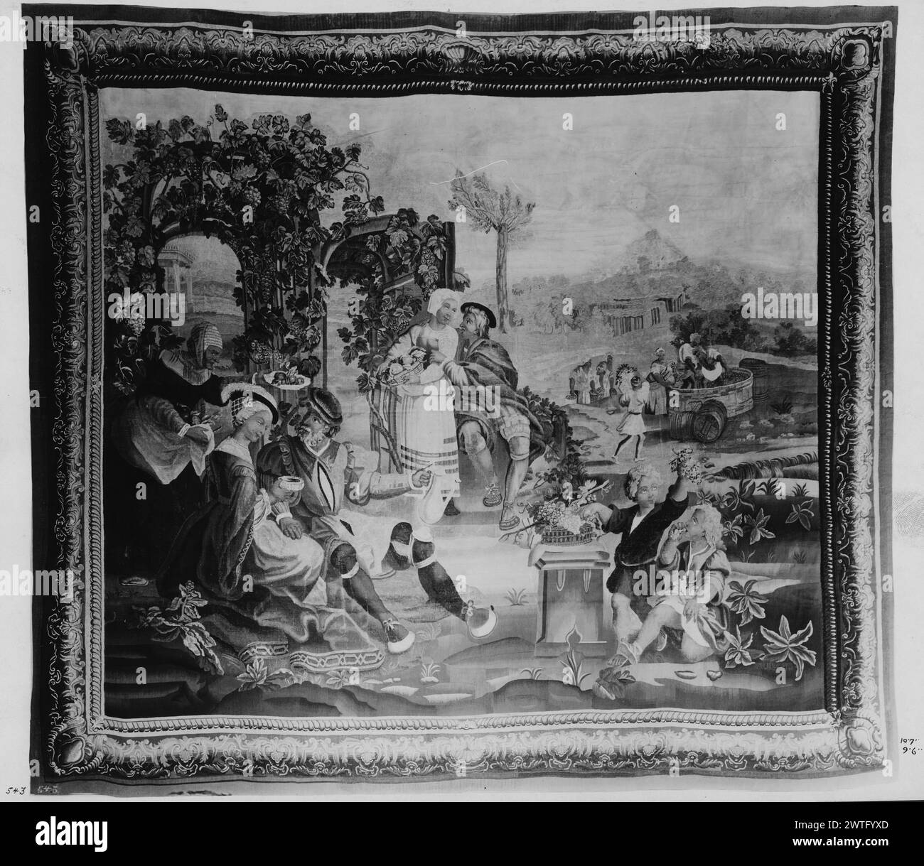 Octobre. Maître des mois de Lucas (Netherlandish (avant 1600), 1535) (dessiné après) [peintre] c. 1750 dimensions de tapisserie : H 9'6' x l 10'7' matériaux/techniques de tapisserie : culture inconnue : Centre de tissage français : Aubusson histoire de propriété : Français & Co. reçu de C. M. F. [Ffoulke] ; retourné à J. R. Ffoulke 8/17/1923 [SS 11506]. French & Co. acheté à la succession de C. M. Ffoulke, facturé le 8/4/1927, vendu à [I. D.] Levy 8/1/1930 [SS 32274]. Paysage avec couple assis, tenant une cruche et un verre à vin peu profond, près de serviteur tenant un plateau avec des fruits (l), pendant que les enfants jouent avec Bunche Banque D'Images