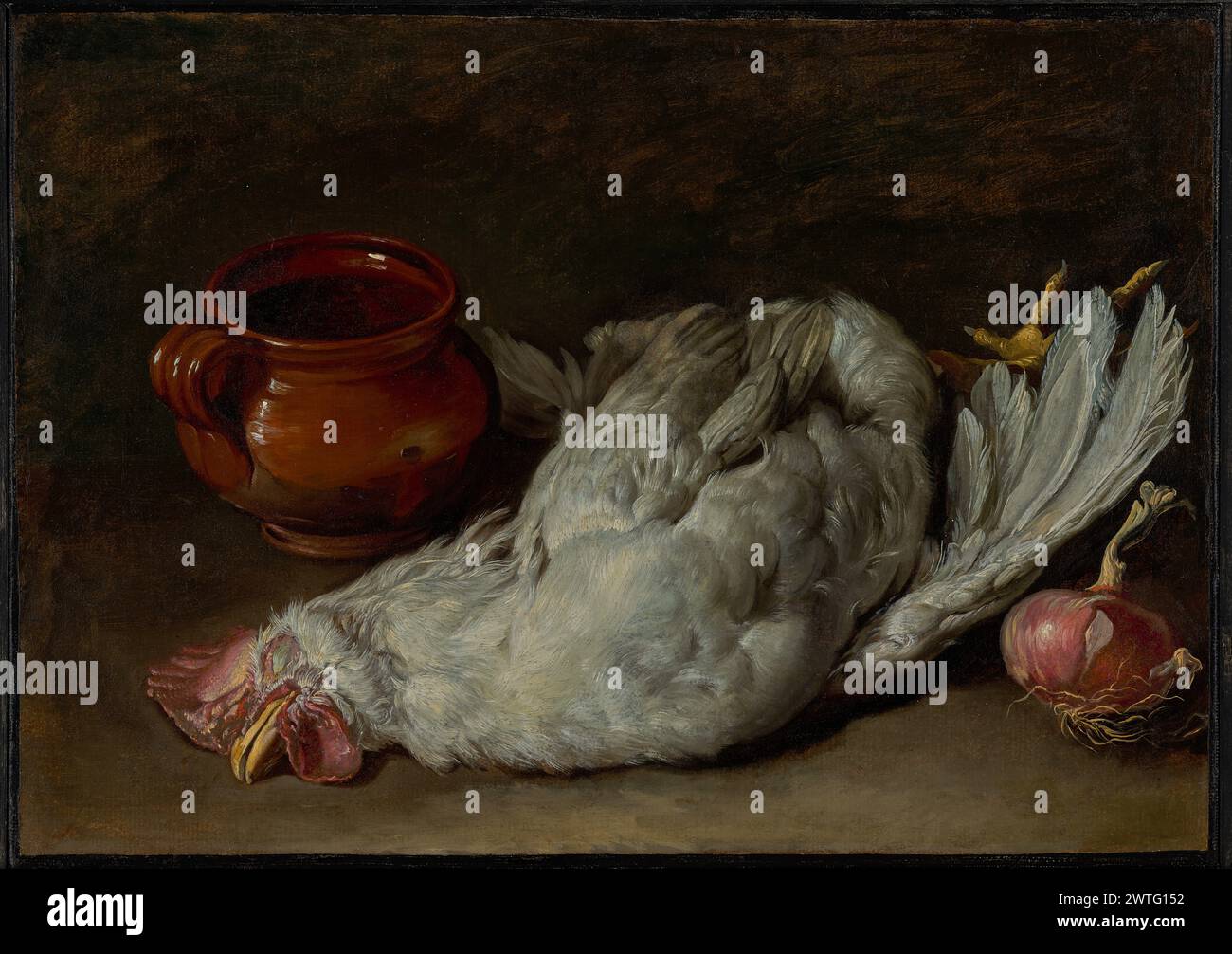 Nature morte avec Hen et Onion. Giacomo Ceruti (italien, 1698 - 1767) vers 1750–1760 Ceruti représente quelques aliments d'un garde-manger : un oignon rouge, une carafe en terre cuite et une poule morte. Une lumière vive éclaire la surface des objets, qui émergent sur le fond sombre de la peinture. Banque D'Images