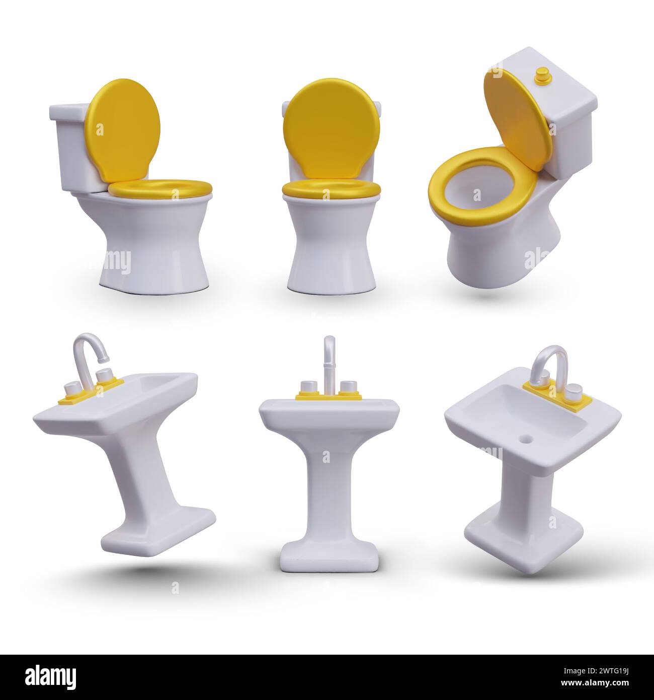 Ensemble vectoriel d'illustrations 3D. Toilettes en porcelaine avec sièges en or, lavabos avec robinet. Objets en position verticale et inclinée. Luxueux et moderne s Illustration de Vecteur