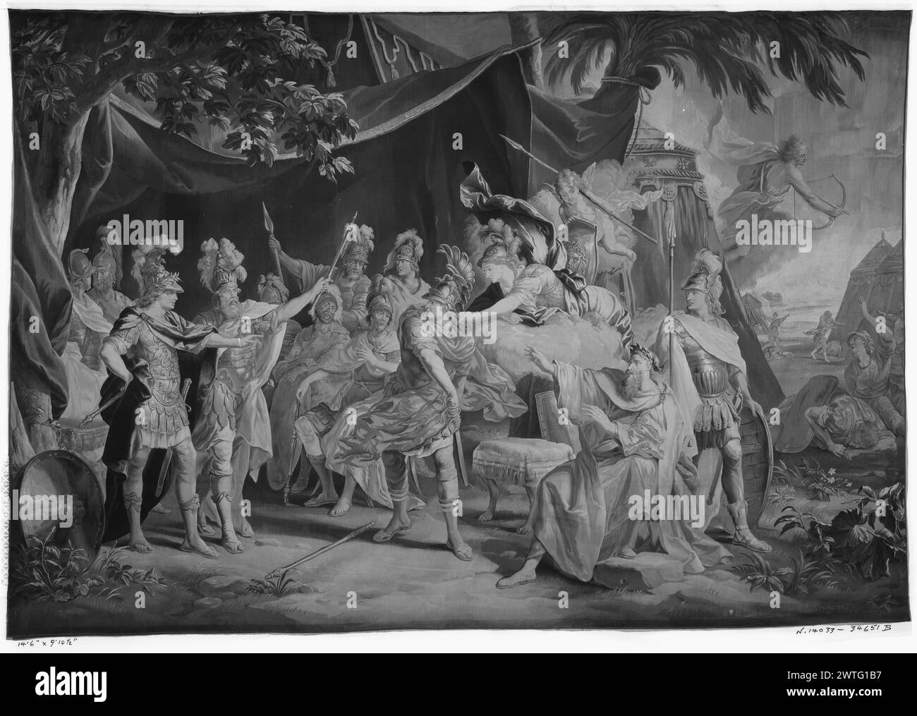 Combat d'Ajax et Hector. Orley, Jan van (Flamand, 1665-1735) (créateur de dessins animés) [dessinateur] Borcht, Gaspard van der (Flamand, 1700-d.1742) (atelier, attr.) [tisserand] Borcht, Pierre van der (Flamand, Act.1712-d.1763) (atelier, attr.) [tisserand] Borght, Franz van der (Flamand, Act.1720-1765) (atelier, attr.) [tisserand] c. 1700-1742 dimensions de la tapisserie : H 10'4' x l 16'10' matériaux/techniques de tapisserie : inconnue culture : Centre de tissage flamand : Bruxelles histoire de la propriété : Français et Co. Scène de bataille avec des soldats à cheval et dans des chars tirés par des chevaux, soldat est sur le point de jeter une grande pierre sur anothe Banque D'Images