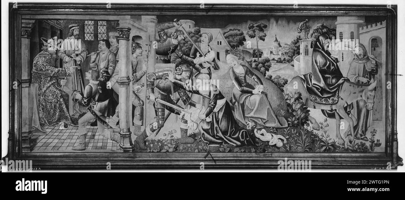 Jeunesse du Christ : massacre d'innocents et fuite en Egypte. Inconnu c. 1480-1500 tapisserie dimensions : H 4'6' x l 11'4' tapisserie matériaux/techniques : laine et soie culture : Sud des pays-Bas histoire de propriété : Cathédrale de Bayeux. G. Hoentschel coll. J. Pierpont Morgan coll. French & Co acheté de J. P. Morgan coll., n.d. [vers 1918 ?] ; vendu à Clarence H. [Hungerford] Mackay le 15 juin 1921. Clarence Hungerford Mackay coll. (avant 1925). États-Unis, Caroline du Sud, Greenville, Université Bob Jones Collection of Sacred Art. Dans le bâtiment architectural, le roi intronisé Hérode donne des ordres à Banque D'Images