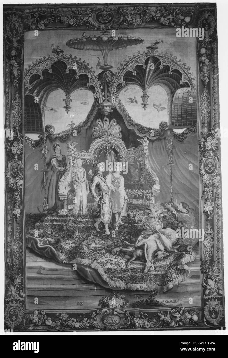 Retour de la chasse. Vernansal, Guy-Louis (français, 1648-1729) (auteur de design, attr.) Monnoyer, Jean-Baptiste (français, 1636-1699) (auteur du dessin) [peintre] Belin, Jean-Baptiste I (français, 1653-1715) (auteur du dessin) [peintre] Béhagle, Philippe I (français, né en 1641-d.1705) (atelier) [tisserand] (français) c. 1697-1705 tapisserie dimensions : H 13'10' x W 9'6' tapisserie matériaux/techniques : laine et soie culture : Beauvais réalisé pour le Louis-Alexandre de Bourbon, comte de Toulouse & duc de Penthièvre. Louis-Jean-Marie de Bourbon, duc de Penthièvre ( Banque D'Images