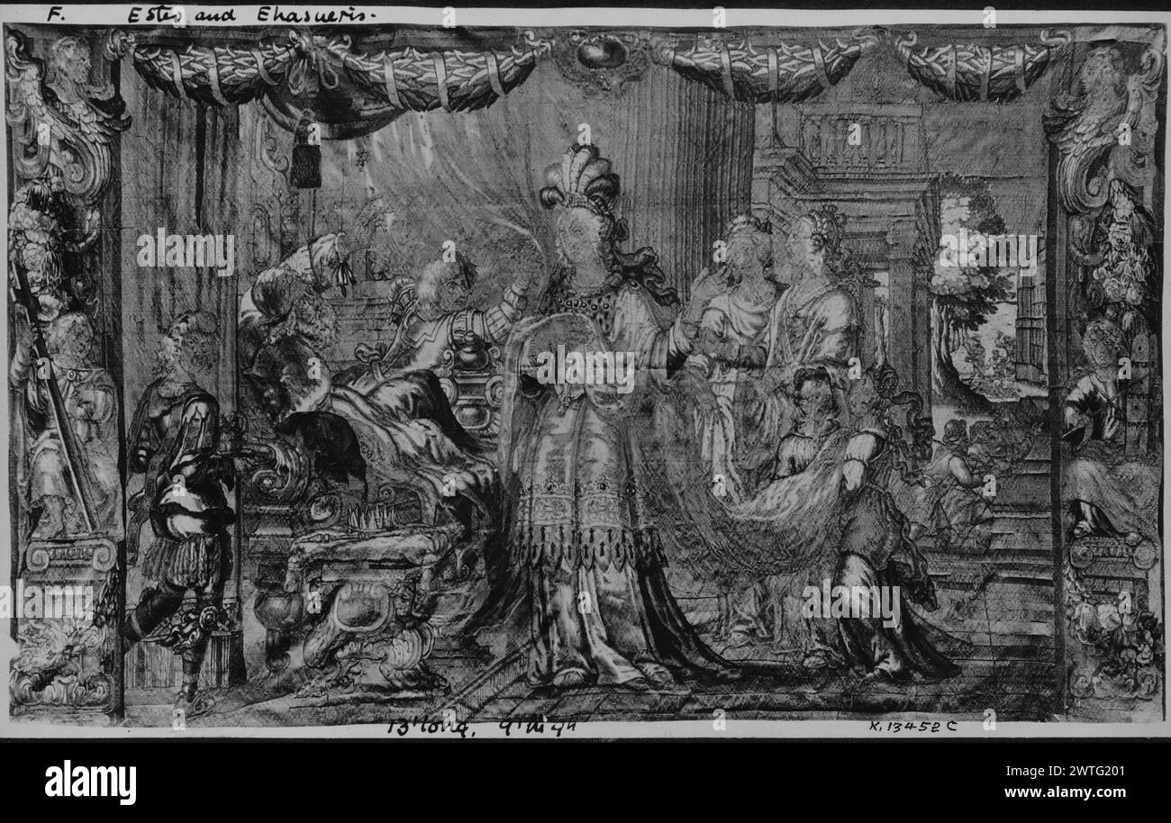 Reine Jezebel et Roi Achab : toilettes de Jezebel. Inconnu c. 1650 tapisserie dimensions : panneau de droite : H 9'9' x l 13' tapisserie matériaux / techniques : inconnue culture : Centre de tissage flamand : inconnu historique de propriété : Français et Co. Dans un cadre architectural, Jézabel habille ses cheveux et peint ses yeux (2 Rois 9:30-10:36) ; Naboth est lapidé à mort (?) En arrière-plan (1 Rois 21) (l & R BRD) des colonnes de statues debout sur des pédastales tiennent des croix, buste féminin se terminant par un parenthèse défilant en acanthus ; (UPR BRD) tête par cartouche vide, flanqué de guirlandes de fleurs attachées avec des rubans bordure inférieure missi Banque D'Images