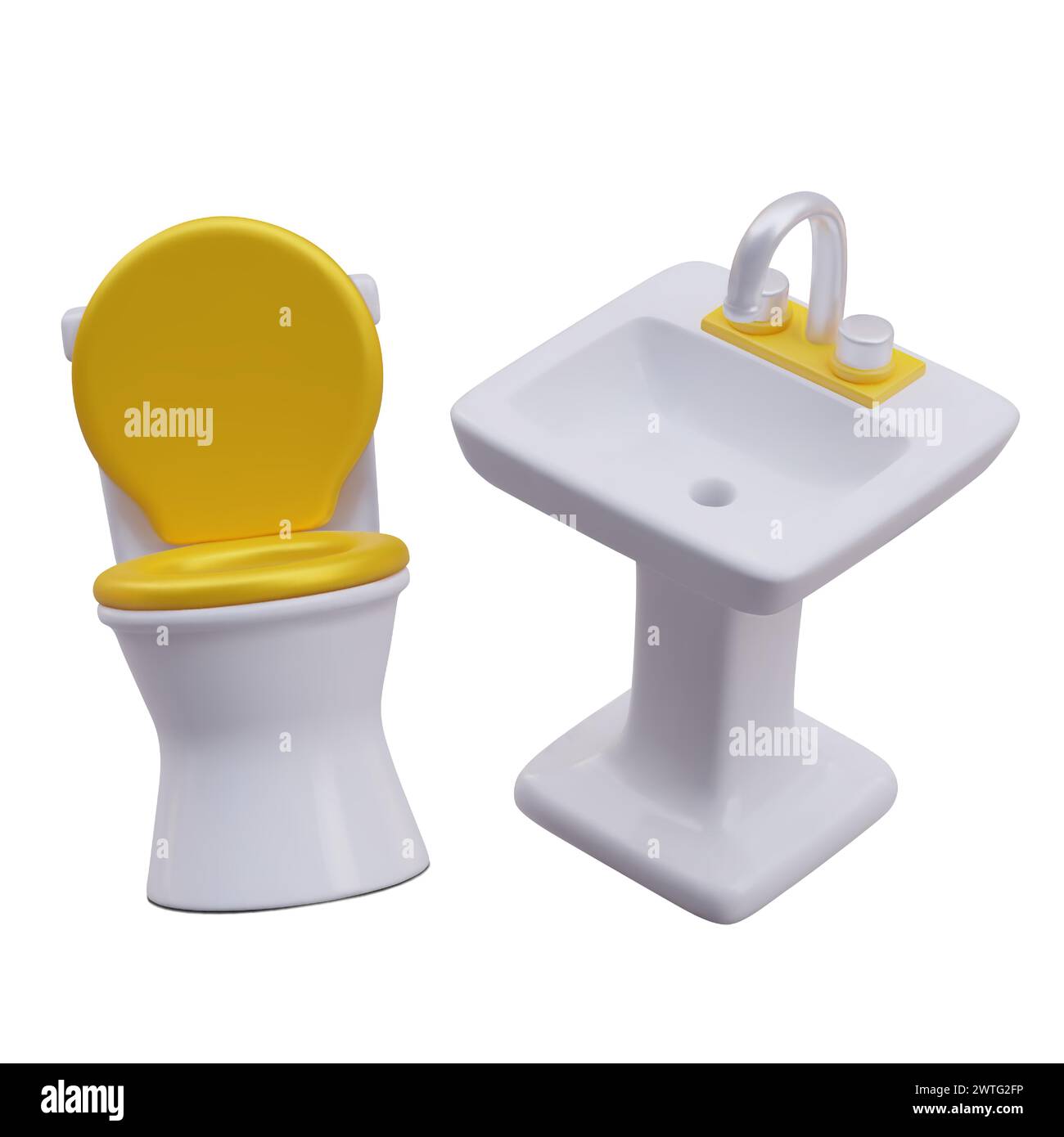 Cuvette de toilette réaliste avec couvercle jaune et lavabo. Illustration vectorielle texturée avec des reflets. Nettoyer les appareils sanitaires. Modèles pour la publicité cl Illustration de Vecteur
