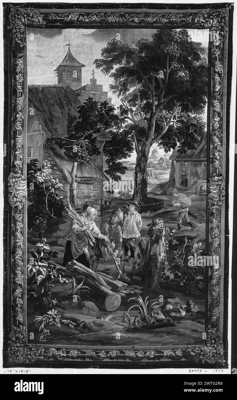 Coupe de bois. Teniers, David II (Flamand, 1610-1690) (dessiné après) [peintre] Leyniers, Urbanus (Flamand, 1674-1747) (atelier) [tisserand] c. 1700-1750 Tapestry dimensions : H 10'2' x W 12' Tapestry matériaux/techniques : inconnu culture : Centre de tissage flamand : Bruxelles histoire de la propriété : Français & Co. Inscriptions : marque de ville sur la garde inférieure, à gauche du centre inscriptions : signature tissée dans le champ central, en bas à droite : V. LEYNIERS dans le paysage, femme portant du bois tandis que l'homme coupe des bûches dans la cour de ferme (premier plan) ; église (l, milieu), moulin à vent (arrière-plan) (BRD) acanthus et feuilles de chêne intercalées Banque D'Images