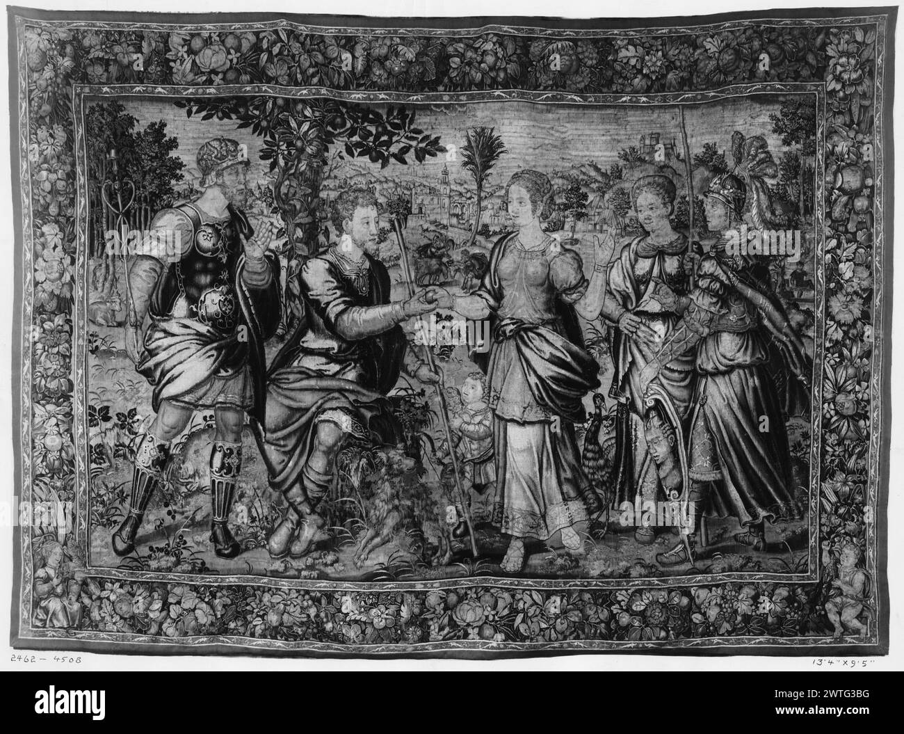 Jugement de Paris. Inconnu c. 1535-1550 dimensions de tapisserie : H 9'5' x l 13'4' tapisserie matériaux/techniques : inconnu culture : Centre de tissage flamand : Bruxelles historique de propriété : Français & Co. acheté de MRS E. Rosedale, facturé le 5/12/1928 [SS 16169]. Mercury (Hermès) se tient derrière Paris, qui donne pomme à Vénus (Aphrodite) comme Junon (Héra), Minerve (Athena) & Cupidon look on (BRD) guirlande avec fleurs et raisins ; (LWR BRD) femme assise dans le coin l, putto dans le coin R Français & Co. feuille de stock dans les archives, 16169 [aussi listes : 4588] Banque D'Images
