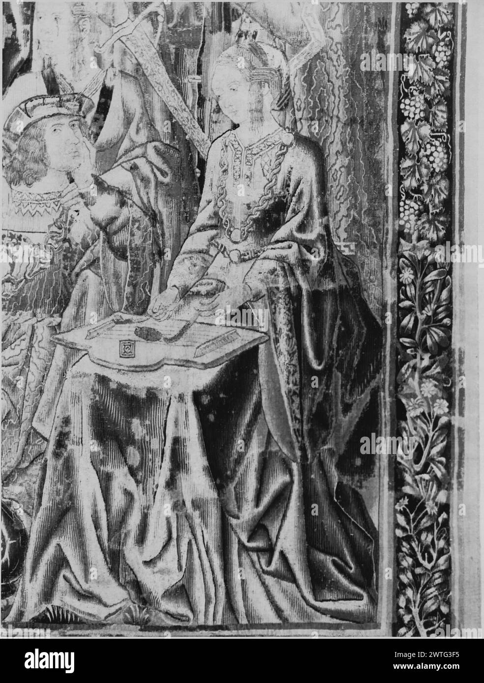 Scène de cour avec les amoureux et mariage. Inconnu c. 1500-1525 dimensions de tapisserie : H 10'8' x l 13'4' tapisserie matériaux/techniques : inconnu culture : Centre de tissage du Sud des pays-Bas : inconnu historique de propriété : Français & Co. acheté au Cleveland Museum of Art, reçu le 24/1961 ; vendu à V. [Vigo] Sternberg le 6/17/1963. Inscriptions : inscription en bordure supérieure : ne / FACERET / VINDICTA[M] / DEP[RE]CAVER[un]T m(?) / FRATRES QUOD / JOSEPH / [UM]VE[N] DIDERU[N]T Banque D'Images