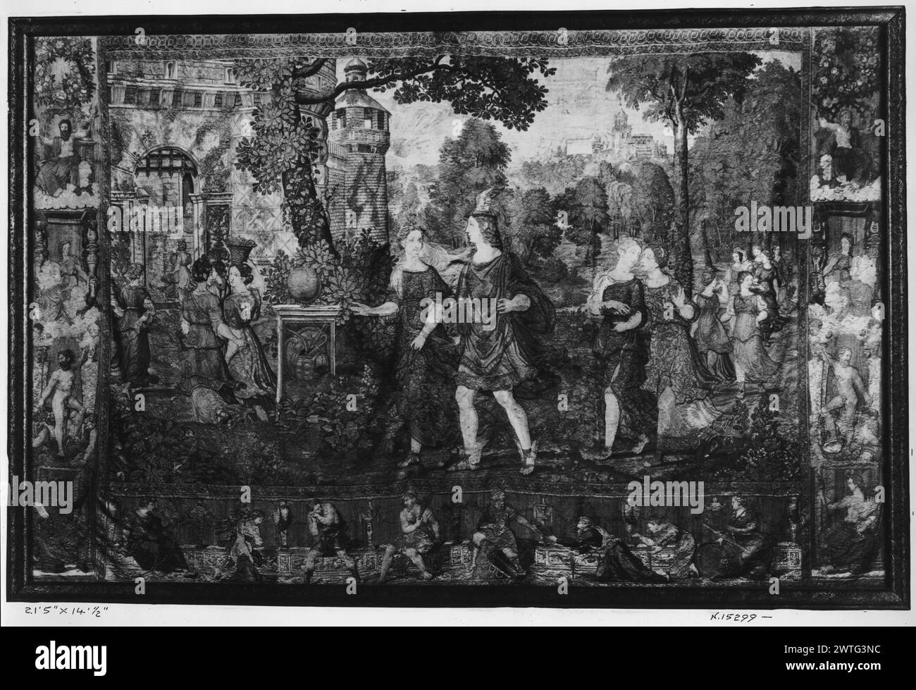 Mercure marchant avec Herse. Pannemaker, Wilhelm de (Netherlandish (avant 1600) - Flandre, Act. 1535-1578) (atelier) [tisserand] c. 1550 tapisserie dimensions : H 14'.5' x l 21.5' tapisserie matériaux/techniques : laine et soie ; fil métallique (argent) ; fil métallique (argent-doré) culture : Centre de tissage flamand : Bruxelles histoire de propriété : famille la Cerda, ducs de Medinaceli, Espagne (ensemble complet en leur possession, peut-être depuis le XVIe siècle). Duchesse de Denia, veuve du duc (en sa possession jusqu'à sa mort en 1903, date à laquelle la tapisserie passa aux héritiers du duc). Français et Royaume-Uni Espagne Banque D'Images