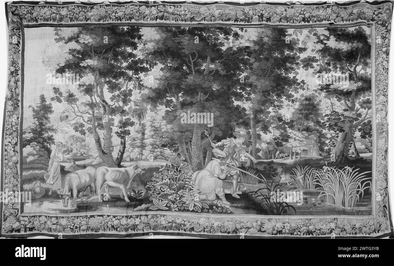 Paysage avec deux chasseurs tirant des canards dans un ruisseau pendant qu'une vache-femme travaille. Inconnu daté 1681 tapisserie dimensions : H 10'2' x l 17'3' tapisserie matériaux/techniques : inconnu culture : Centre de tissage flamand : Bruxelles historique de propriété : Français & Co. acheté du Dr Thomas Morrison le 11/1964 ; vendu au Mr. Duarte Pinto-Coelho le 12/2/1966. Inscriptions : marque de ville en bas du champ central, à droite, suivie de la date Banque D'Images