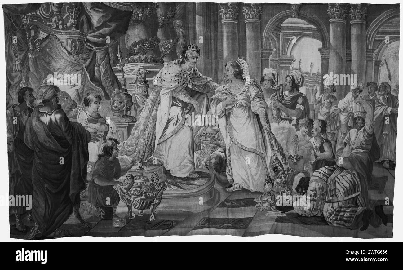 Salomon et reine de Sheba : hommage à Salomon. Inconnu c. 1625-1650 dimensions de tapisserie : H 9'11' x l 15'8' tapisserie matériaux/techniques : inconnu culture : Centre de tissage flamand : Oudenaarde historique de propriété : French & Co. acheté avec 1/2 intérêts avec Parish Watson & Co. 12/31/1919, vendu à A. B. Ayres 12/28/1925 [SS 7483]. French & Co. acheté chez George E. Goodwin [ou Goodman?] 5/16/1949 [SS 80516]. Dans un cadre architectural, la reine de Sheba, accompagnée de plusieurs préposés, donne l'or Salomon intronisé, des pierres précieuses et des épices, comme plusieurs personnages environnants regardent (1 Rois 10:1 Banque D'Images